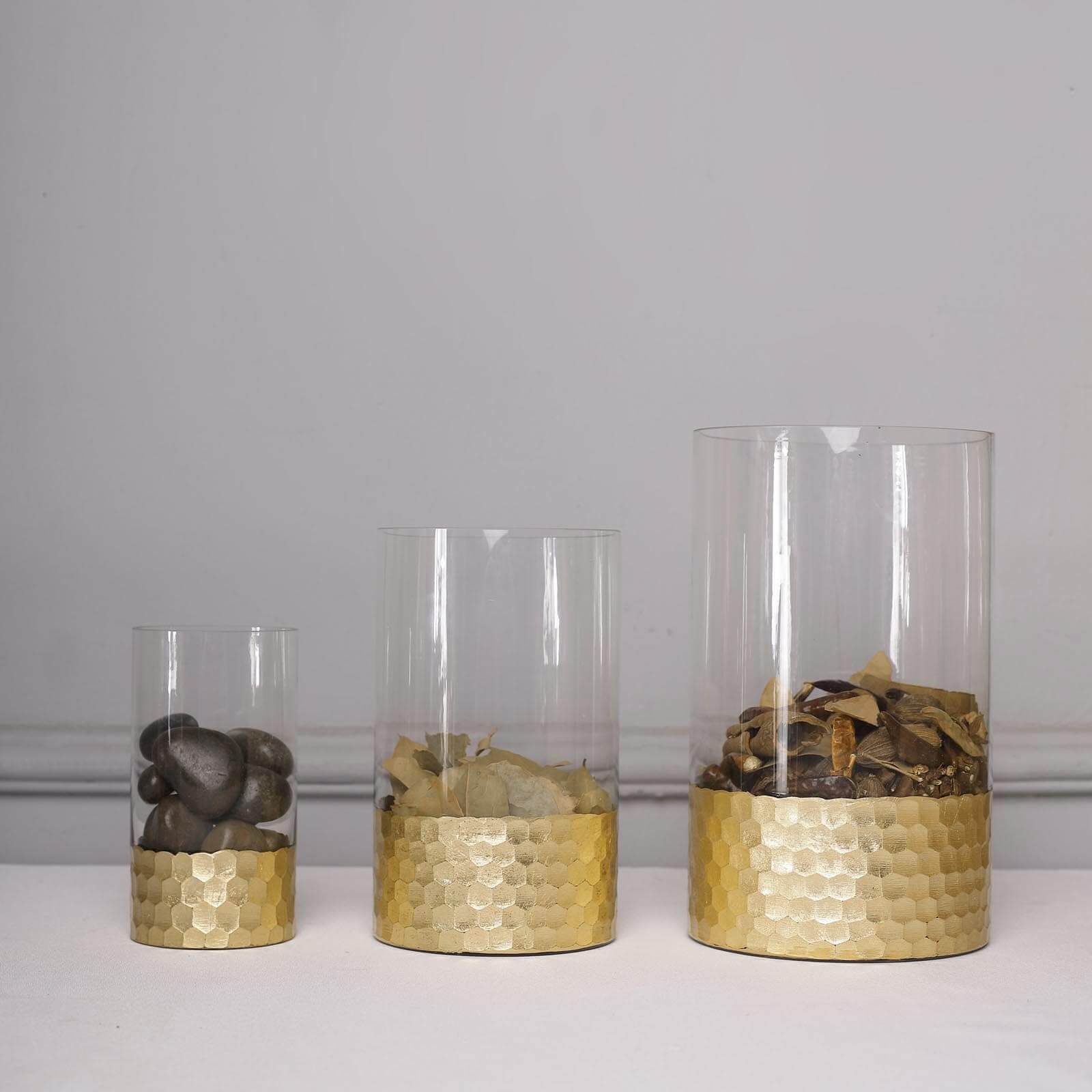 Set of 3 Glass Cylinder Vases Honeycomb Design Clear with Gold Base - Decorative Candle Holder Centerpieces 6", 8", 10"