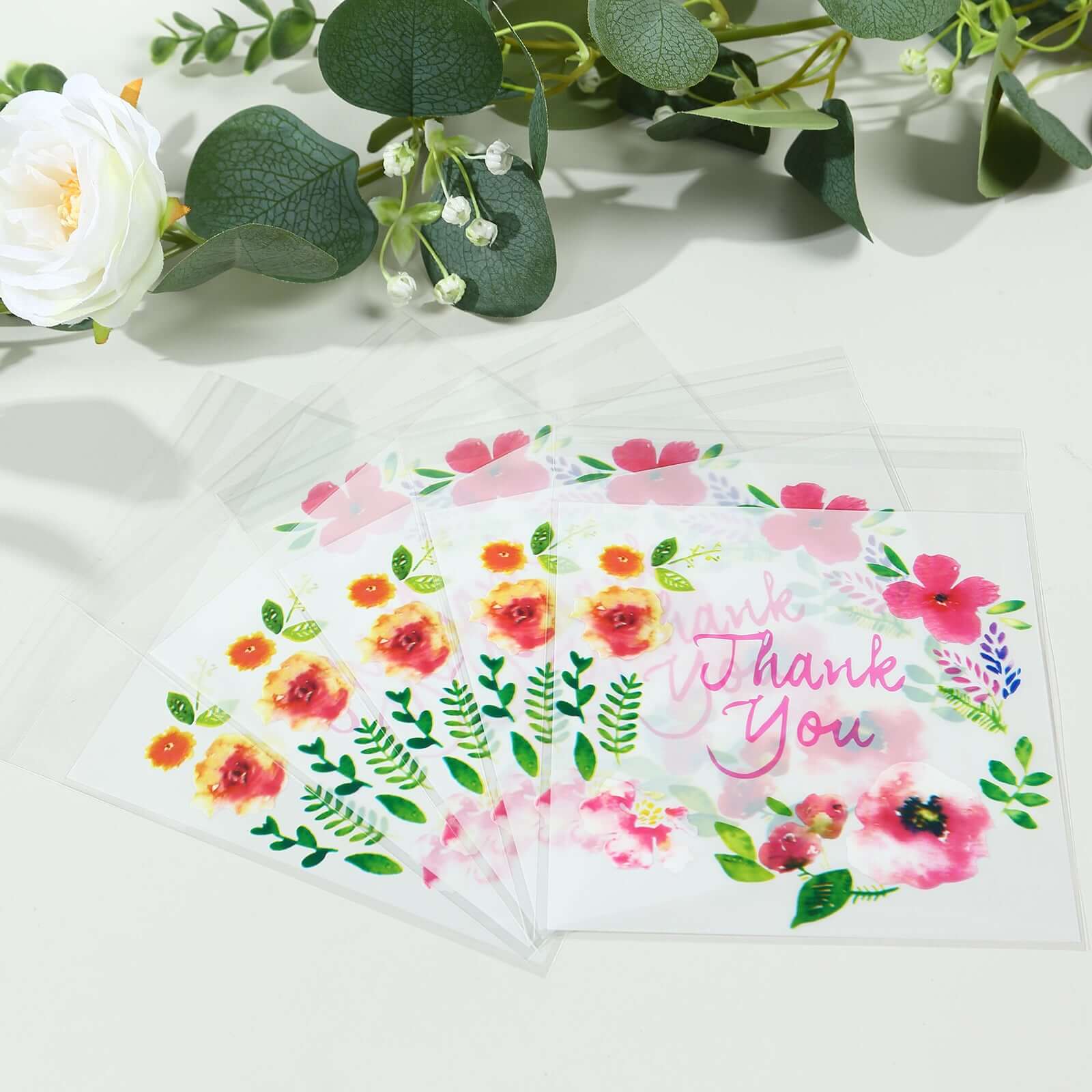 100-Pack PVC Cookie Candy Bags White/Clear - Decorative Self Adhesive Goodie Bags With "Thank You" Print & Floral Accents for Stylish Wedding Birthday Party Favors 6"x7"