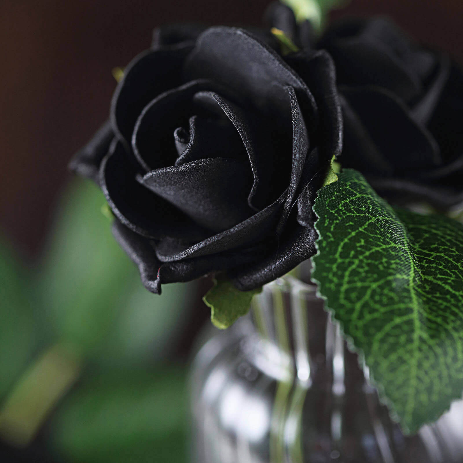 24 Roses 2" Black Artificial Foam Flowers With Stem Wire and Leaves