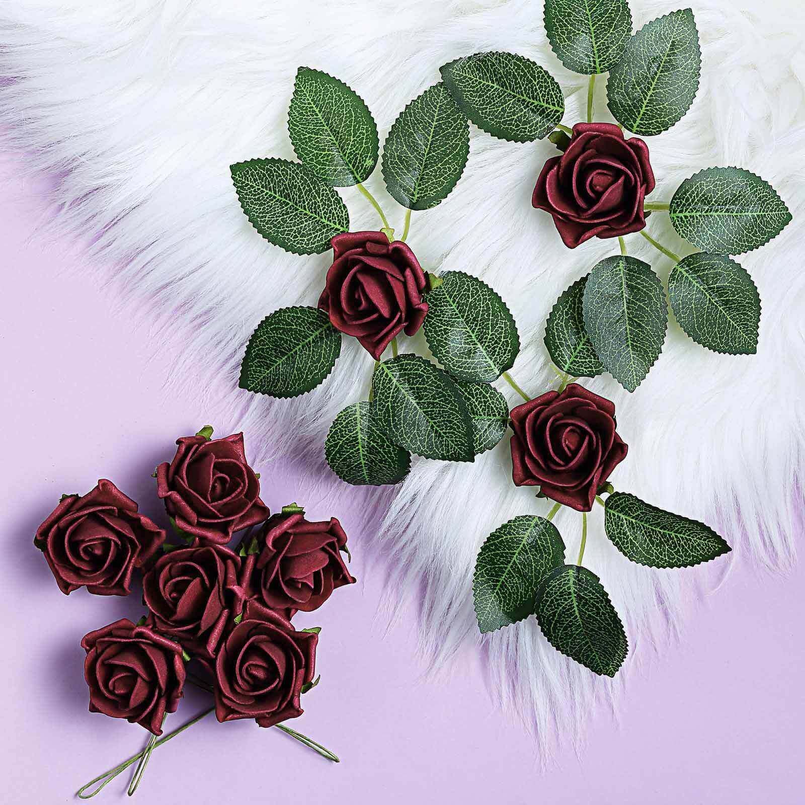 24 Roses 2" Burgundy Artificial Foam Flowers With Stem Wire and Leaves