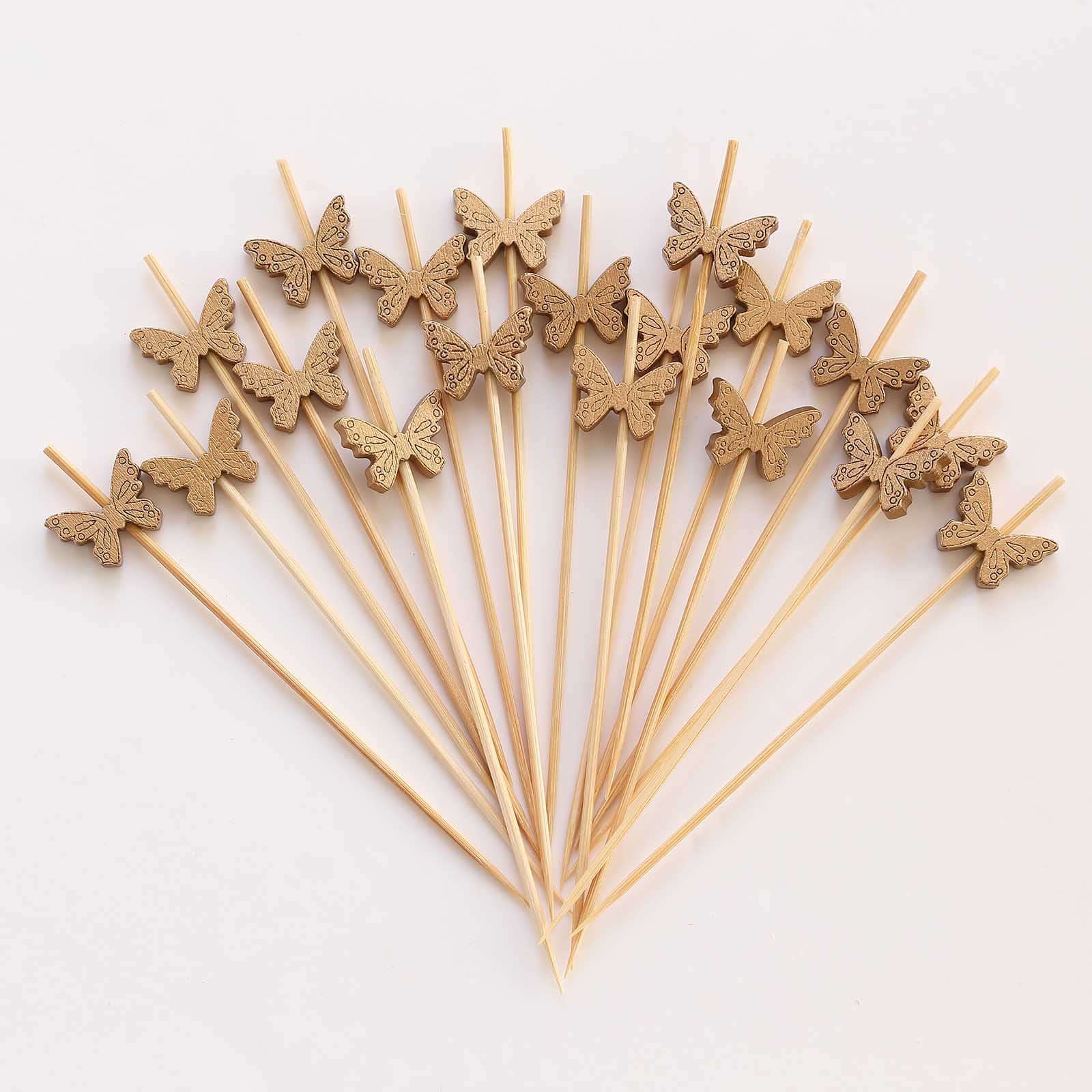 100-Pack Bamboo Cocktail Sticks Butterfly Design Eco Friendly Natural - Biodegradable Party Picks 5"