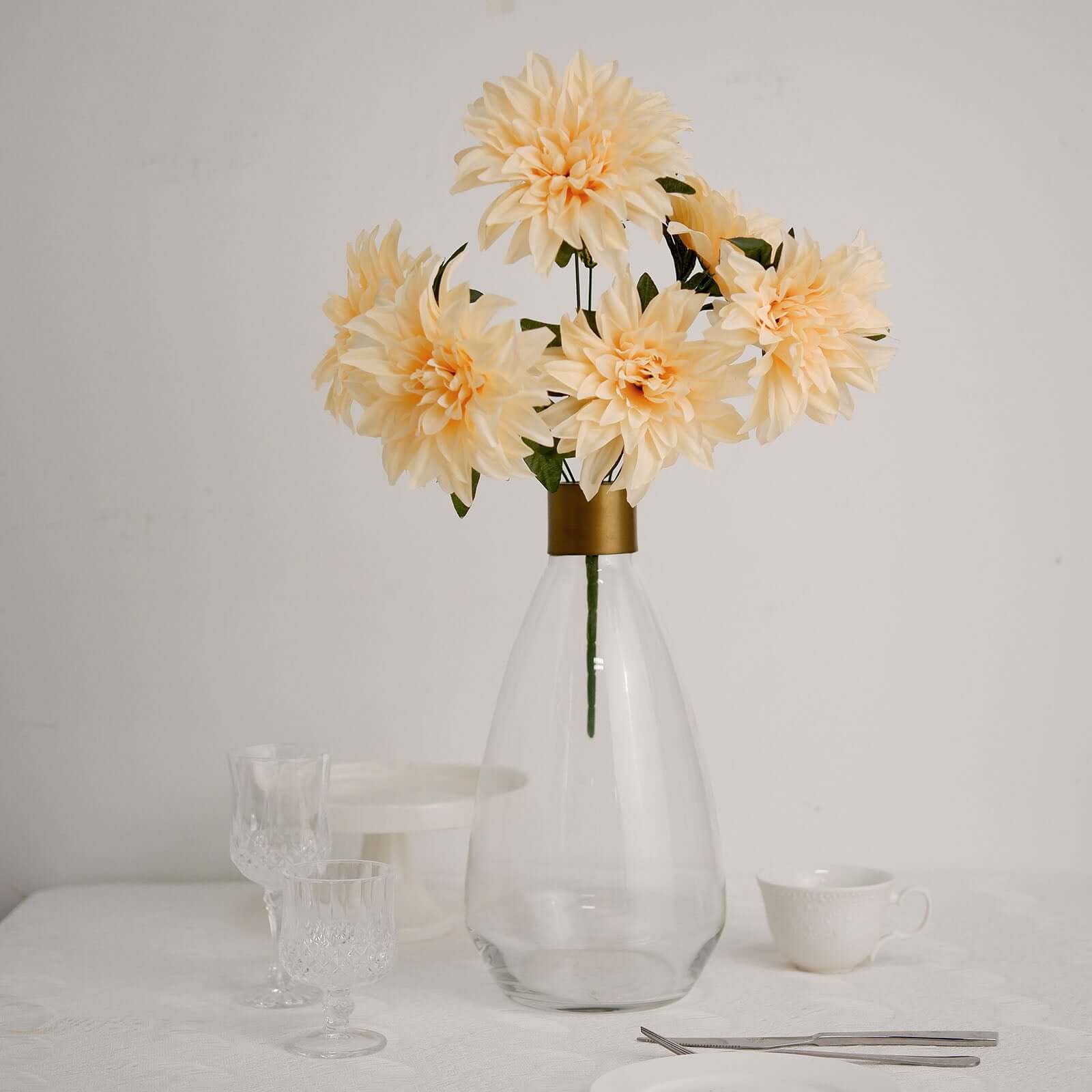 2 Bushes 20" Cream Large Head Artificial Dahlia Bouquet, Silk Bridal Flower Decorations