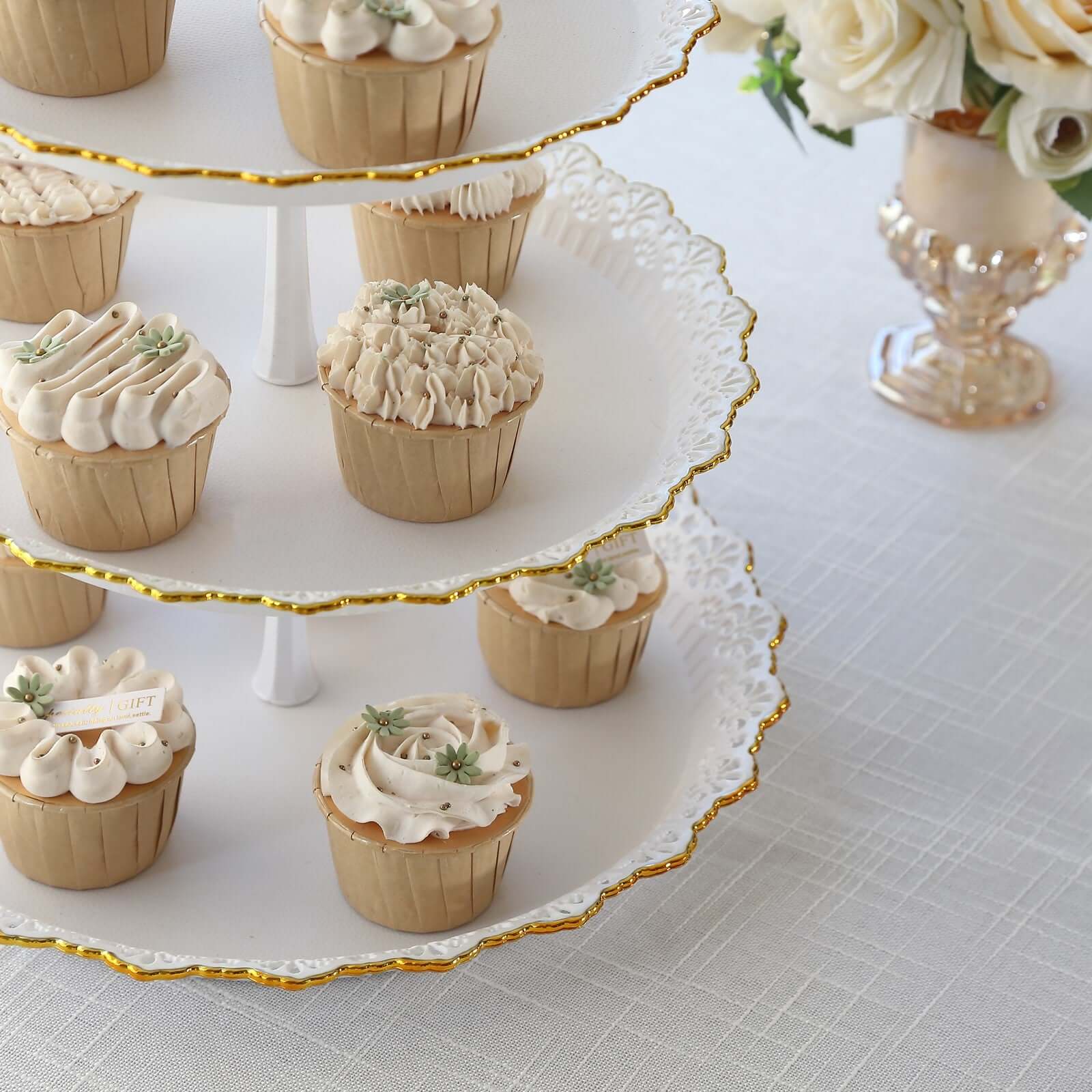3-Tier Plastic Round Cupcake Stand 15" White with Lace Gold Rim Scalloped Edges