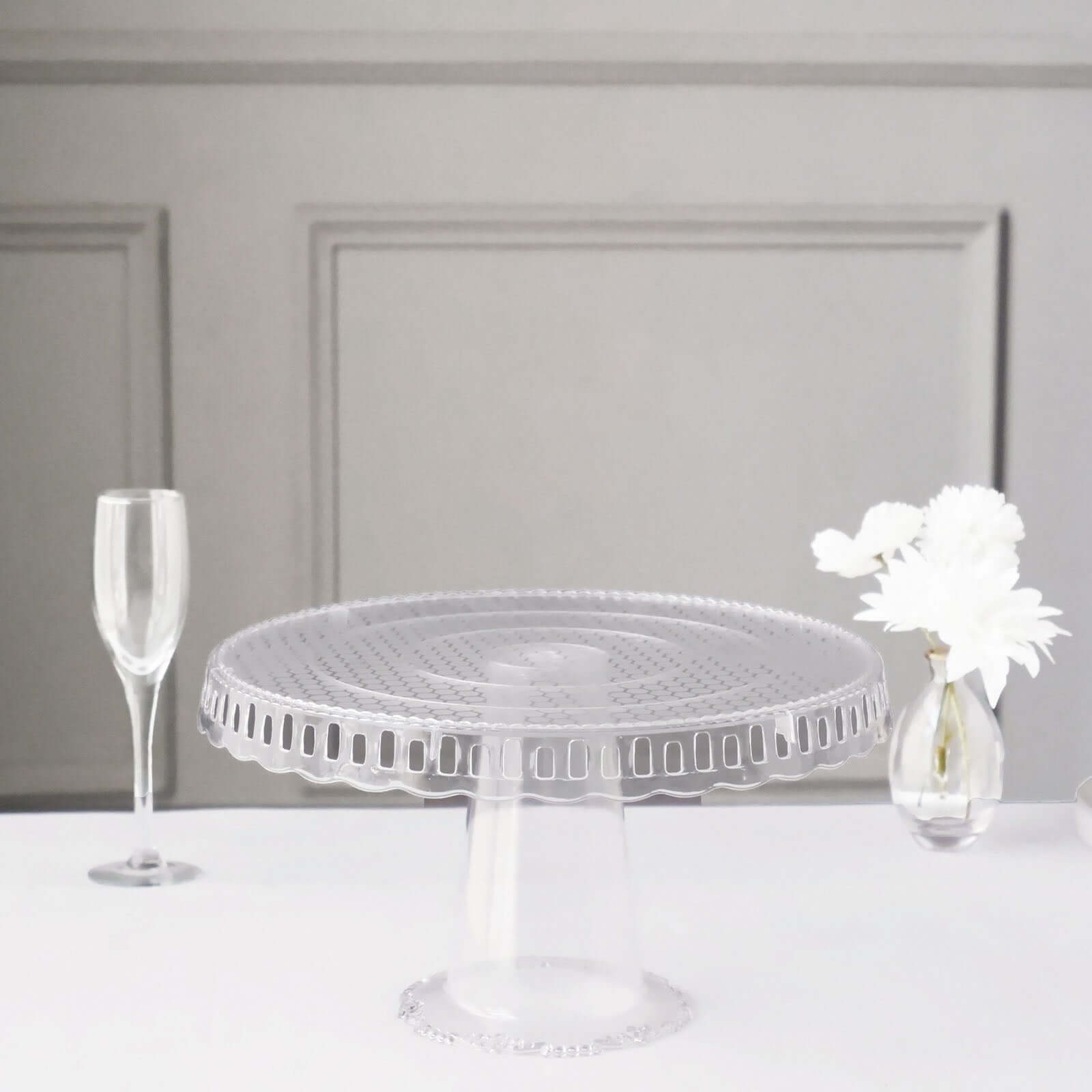4-Pack Plastic Round Pedestal Cake Stands Clear - Reusable Cupcake Pastry Display Risers with Hollow Ribbon Trim Edges for Stylish Dessert Presentation 13"