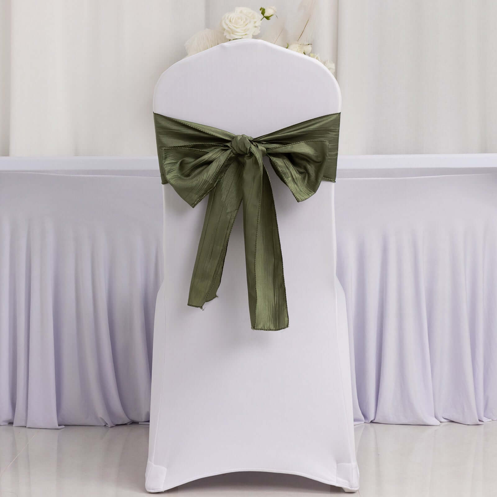 5 Pack Taffeta 6"x106" Chair Sashes Dusty Sage Green Accordion Crinkle Texture - Stylish Decor for Weddings & Gatherings