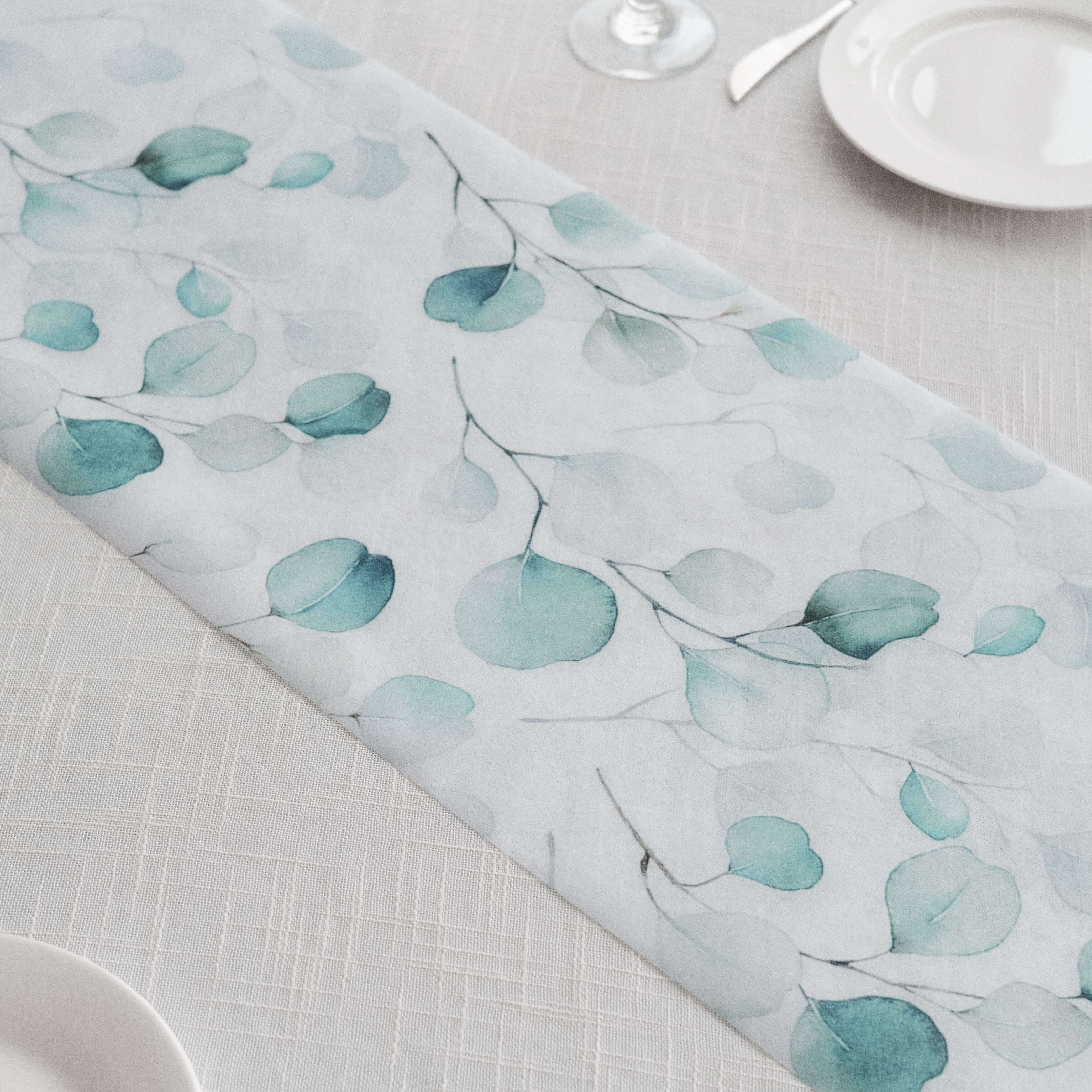 Disposable Table Runner 11"x108" White with Green Eucalyptus Leaves Print - Non-woven Stylish Spring Summer Dining Decor