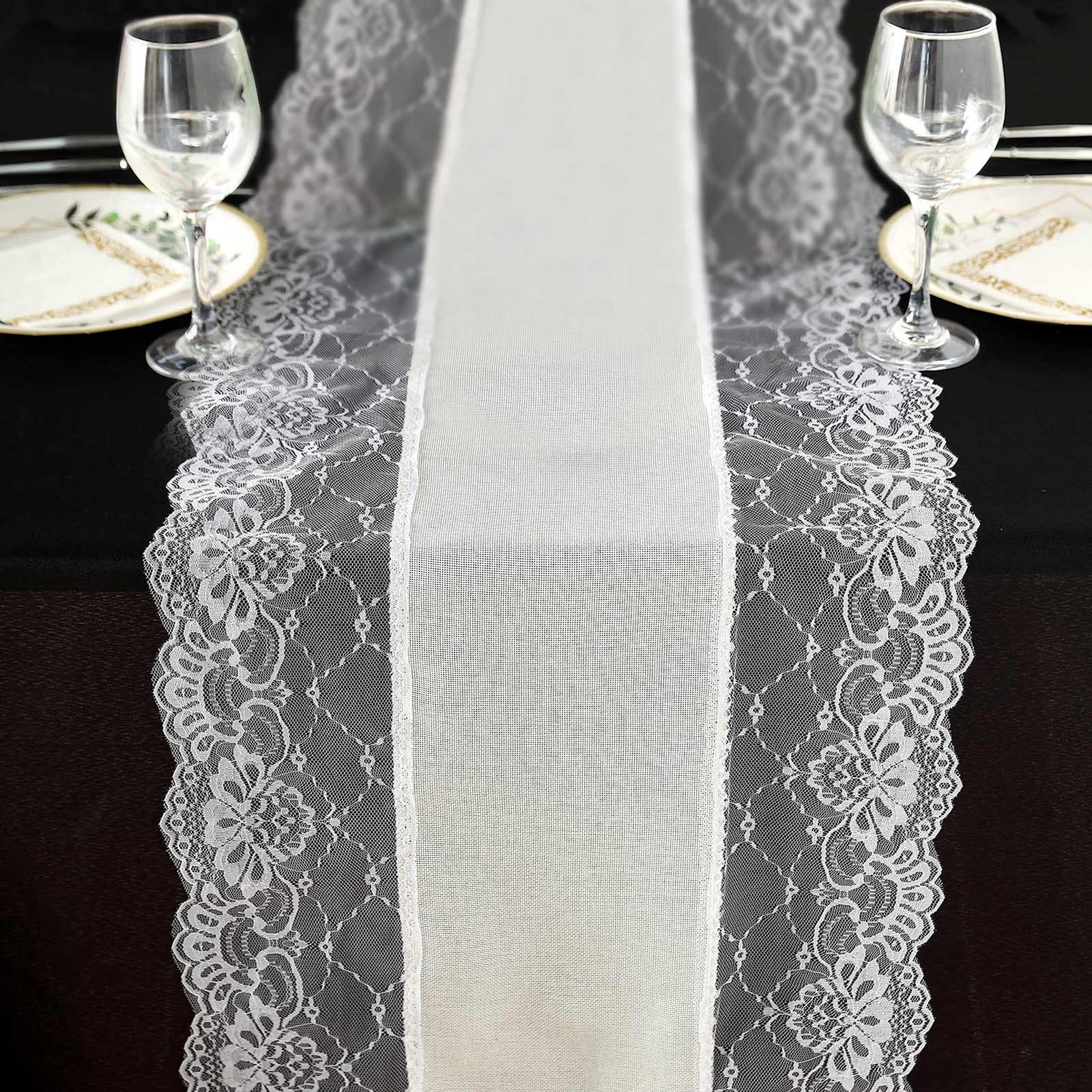 Faux Burlap Jute 16"x108" Table Runner Ivory With White Lace Edging - Rustic Farmhouse Table Linen