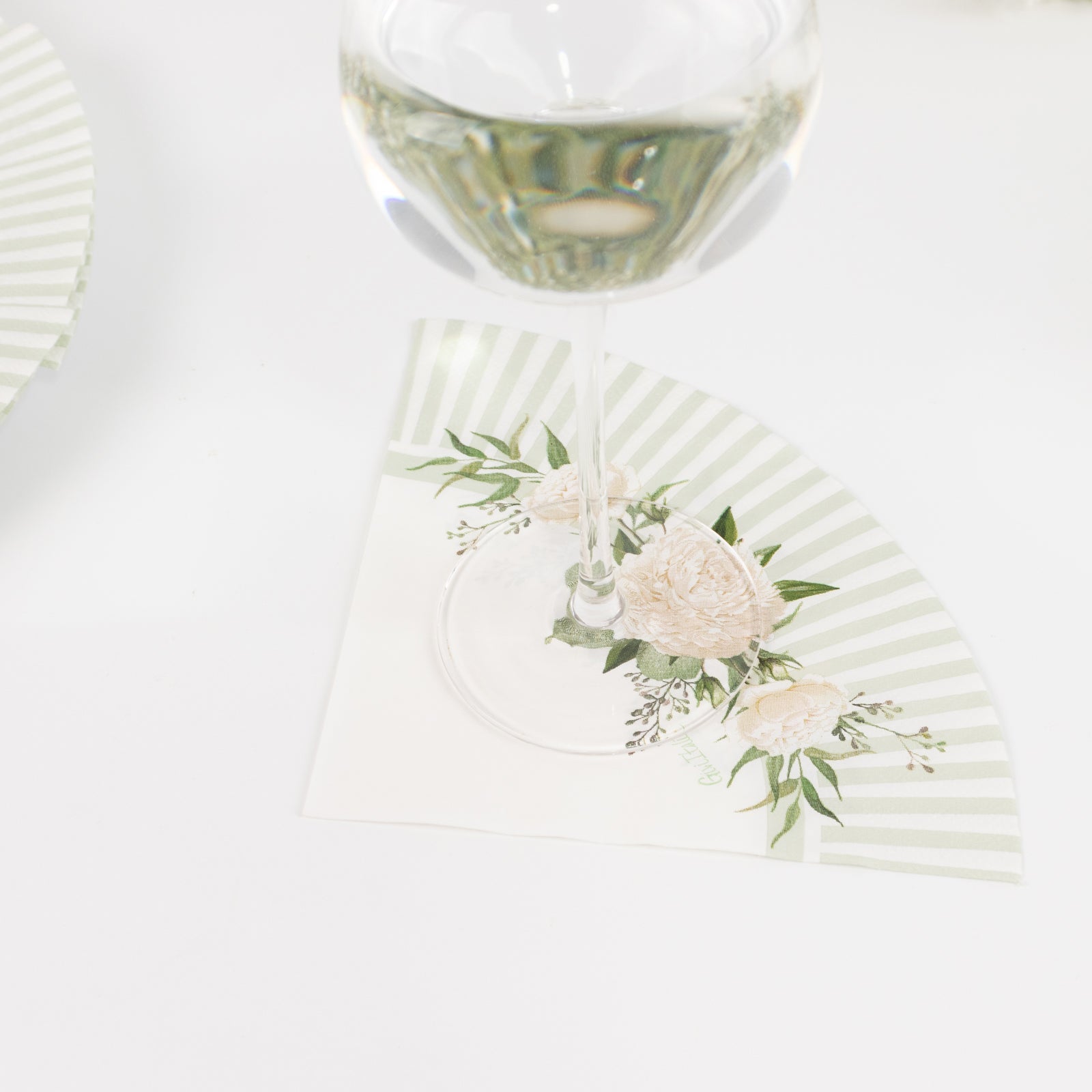 25-Pack Round Paper Cocktail Napkins with Floral Lined Pattern White/Sage Green - Disposable 2 Ply Beverage Napkins 6"x6"