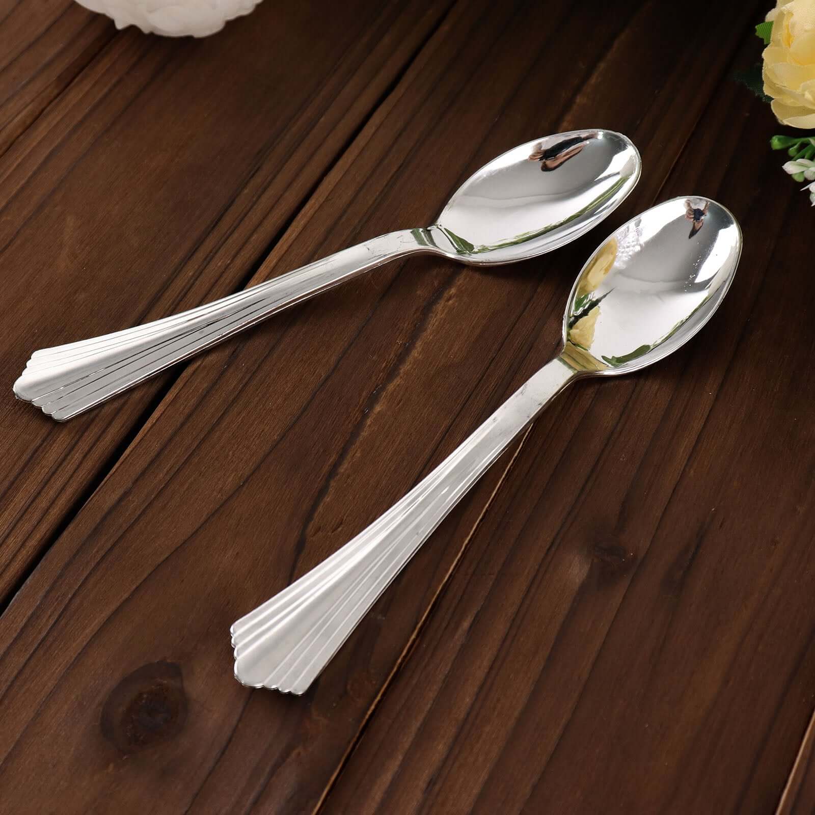 25-Pack Plastic Spoons Silver Heavy Duty with Fluted Handles - Reliable Disposable Cutlery 7"