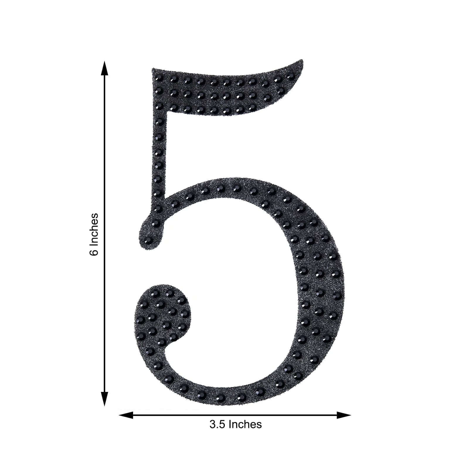 Decorative Rhinestone Number "5" Stickers, Glitter Adhesive Craft Numbers Black DIY Sparkle Embellishments 6"