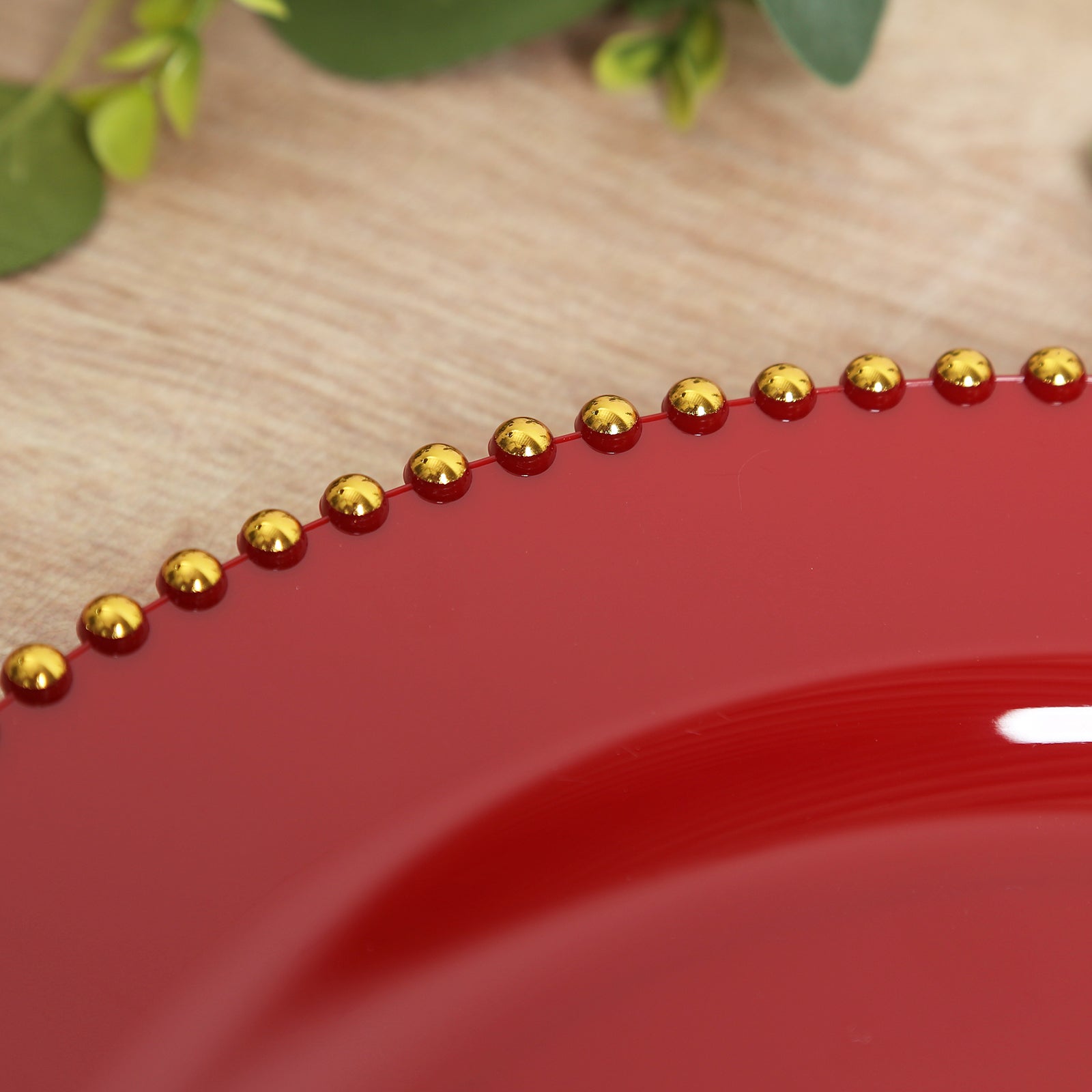 10-Pack Economy Round Plastic Charger Plates 13" in Red with Gold Beaded Rim, Stylish Dinner Party Serving Plates