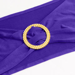 5 Pack Spandex Chair Sashes Purple with Gold Rhinestone Buckles - Reusable Four-Way Stretch Sash Bands 5"x14"