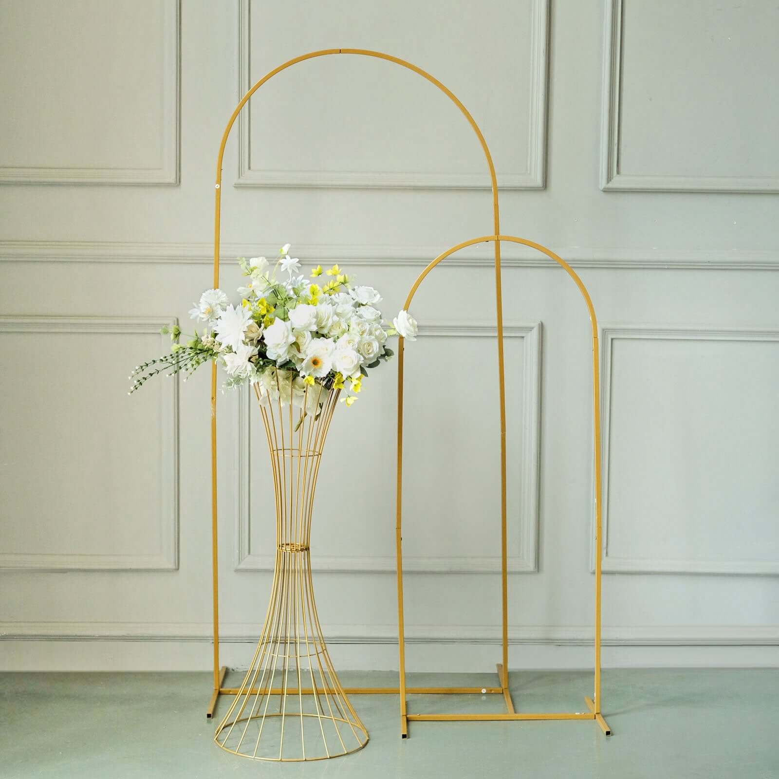 36" Tall Gold Metal Wire Hourglass Flower Frame Stand, Open Frame Reversible Trumpet Centerpiece Stand