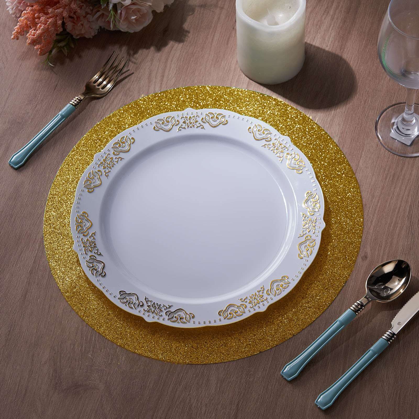6-Pack Placemats Glitter Design Gold Sparkle Round - Non-Slip Decorative Dining Table Mats 13"