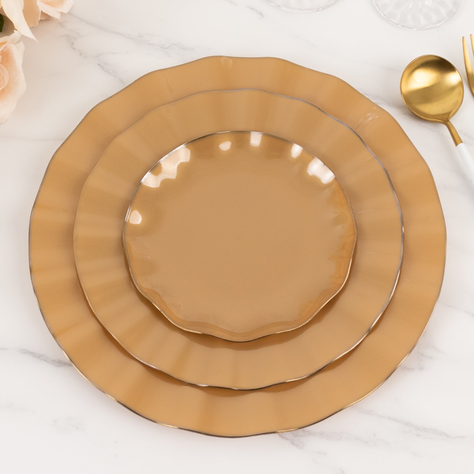 10-Pack Plastic 9" Round Dinner Plates in Gold with Ruffled Rim - Sturdy Disposable Dinnerware for Classy Events & Banquets