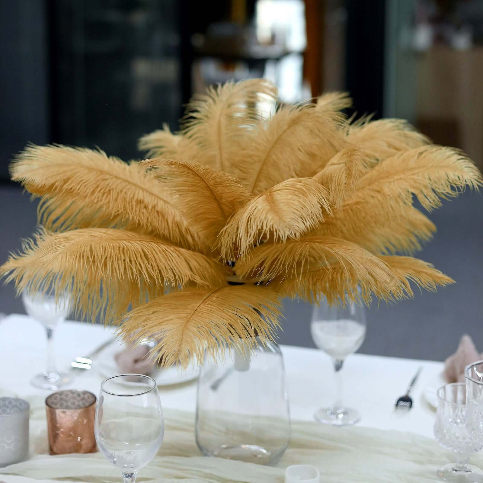 12 Pack 13"-15" Gold Natural Plume Real Ostrich Feathers, DIY Centerpiece Fillers