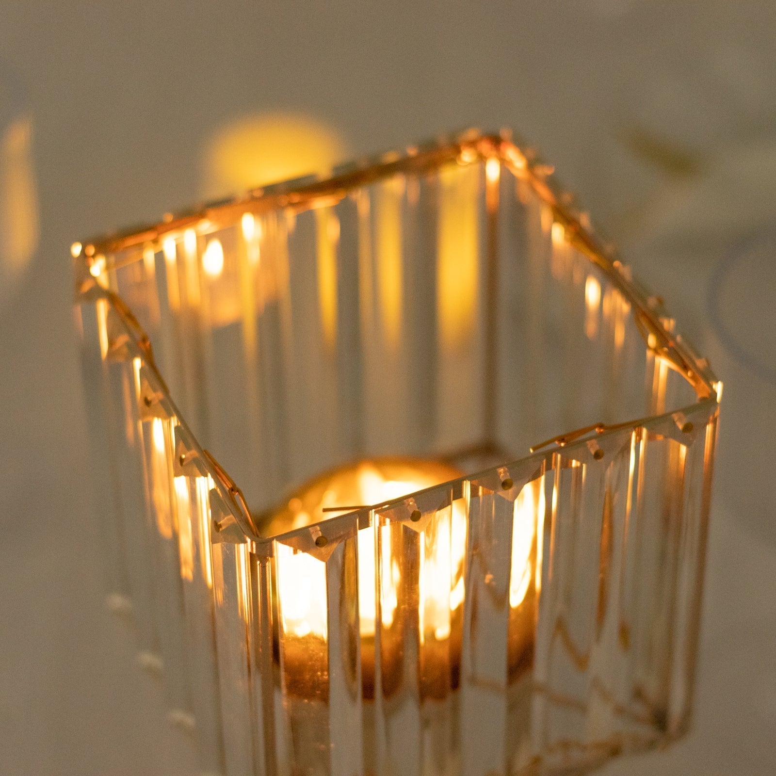 2 Pack 9" Crystal Pendant Hurricane Candle Holders in Gold, Elegant Square Design for Pillar Candles, Decorative Table Centerpieces