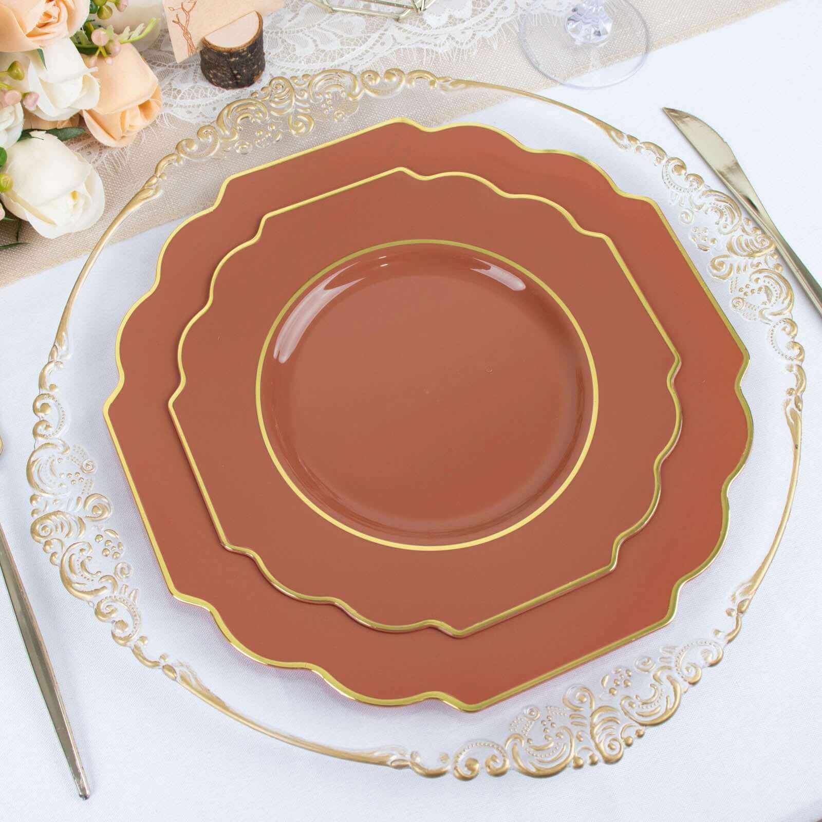 10-Pack Plastic Dessert Appetizer Plates in Terracotta (Rust) Baroque Design with Scalloped Gold Rim - Heavy Duty Disposable Salad Plates 8"