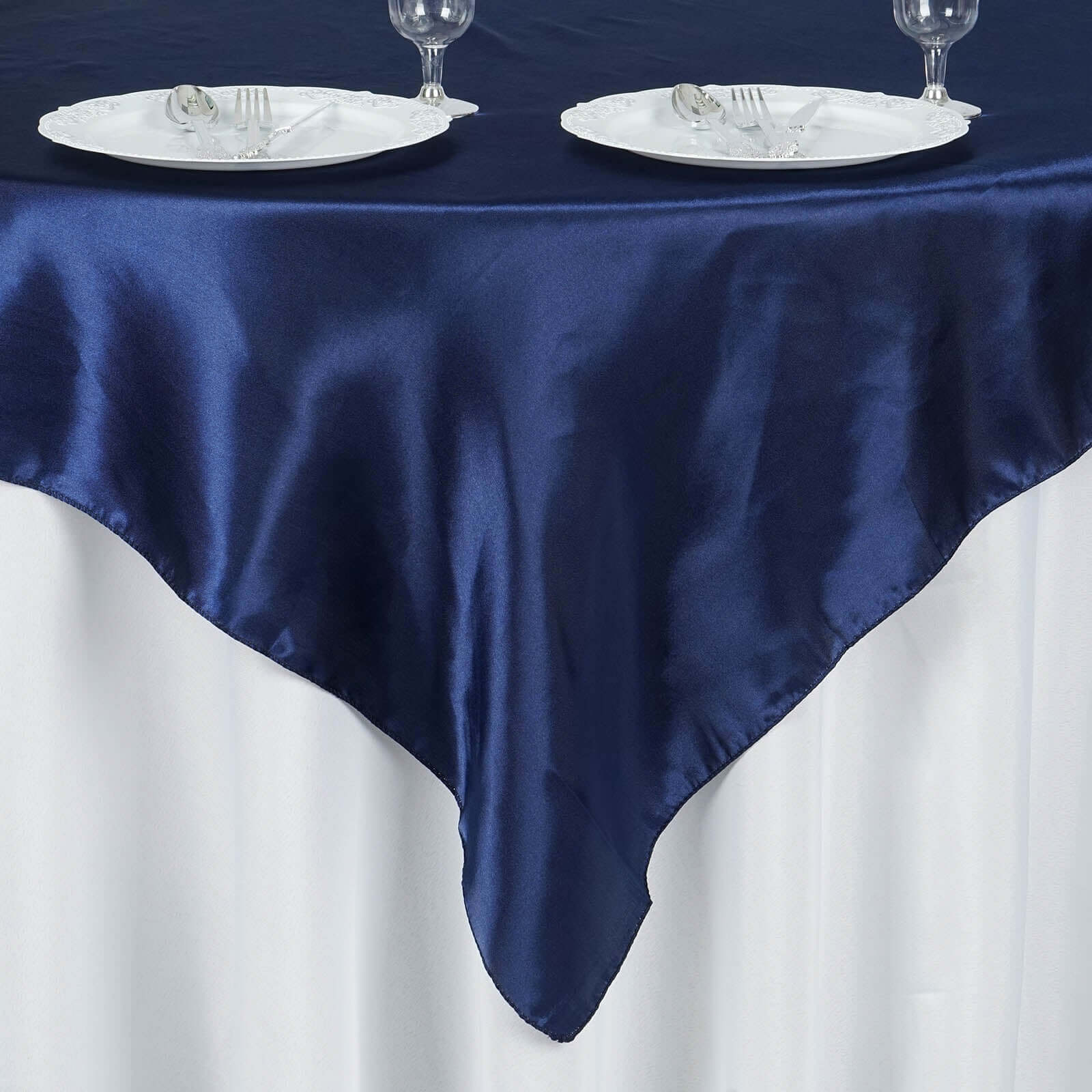 Satin 60"x60" Table Overlay Square Tablecloth Navy Blue - Smooth Silky Touch Table Cover