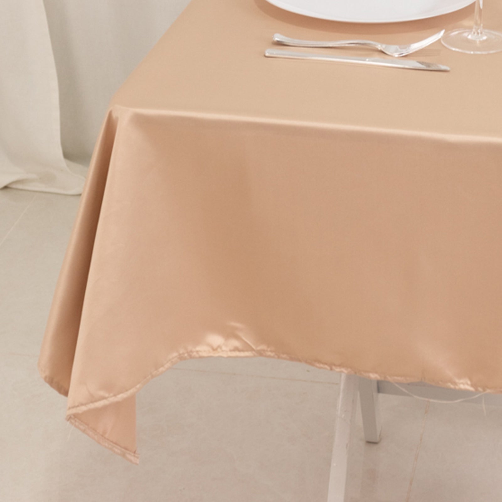 Lamour Satin 54"x54" Table Overlay Square Tablecloth Nude - Durable & Silk-Like Table Cover