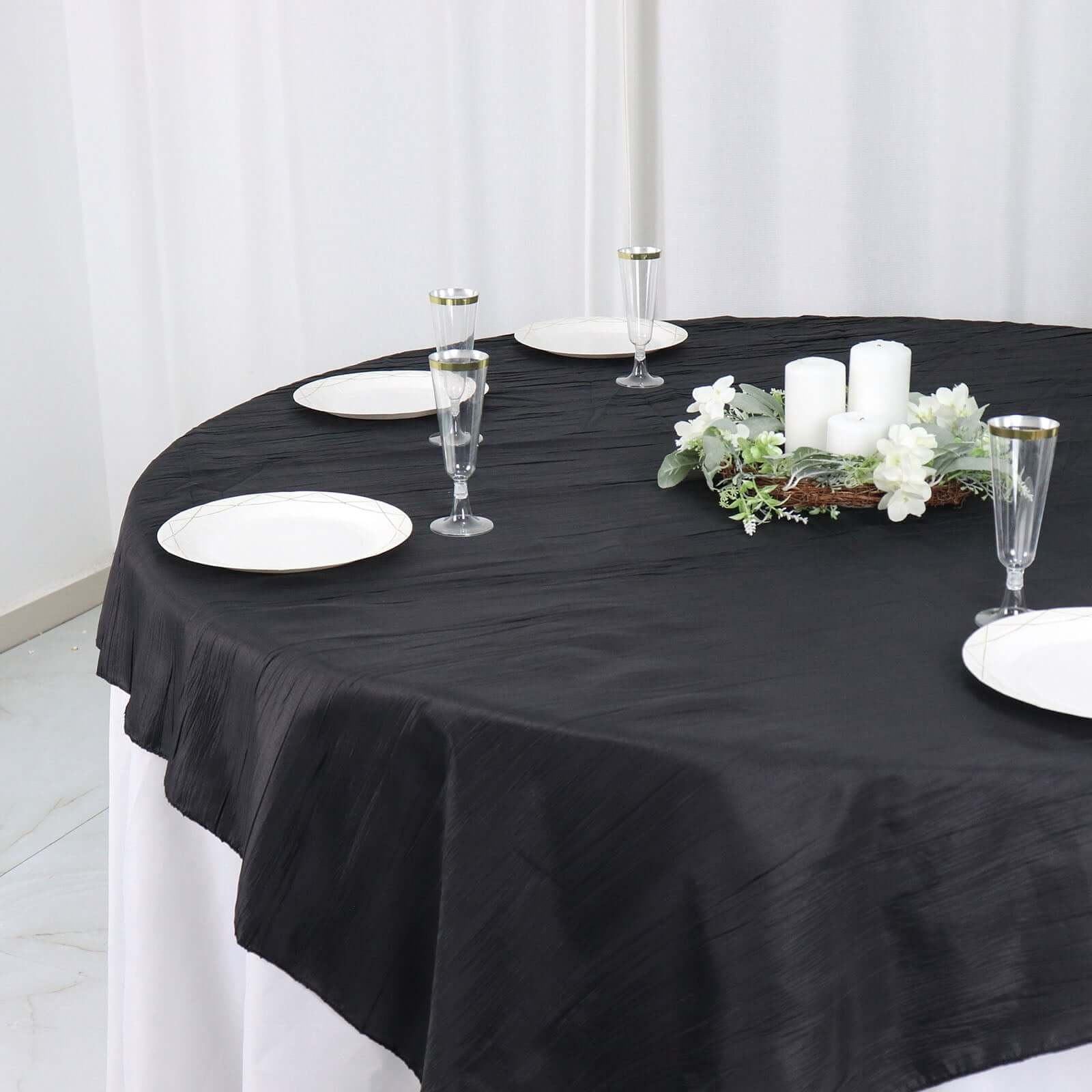 Taffeta 72"x72" Table Overlay Square Tablecloth Black - Accordion Crinkle Table Cover