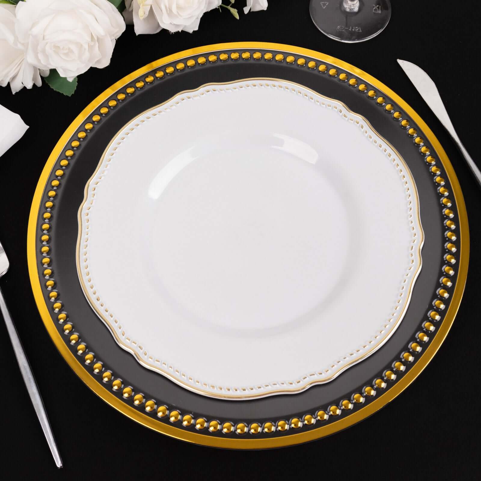 6-Pack Acrylic Round Charger Plates 13" in Clear with Gold Beaded Rim, Dinner Charger Event Tabletop Decor