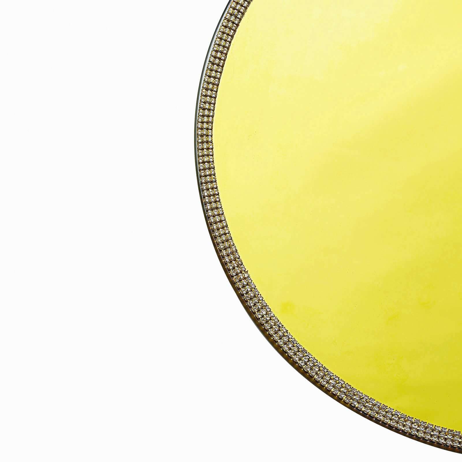 2-Pack Mirror Glass Round Charger Plates 13" with Metallic Gold Mirror Rhinestone Rim, Dazzling Decorative Chargers