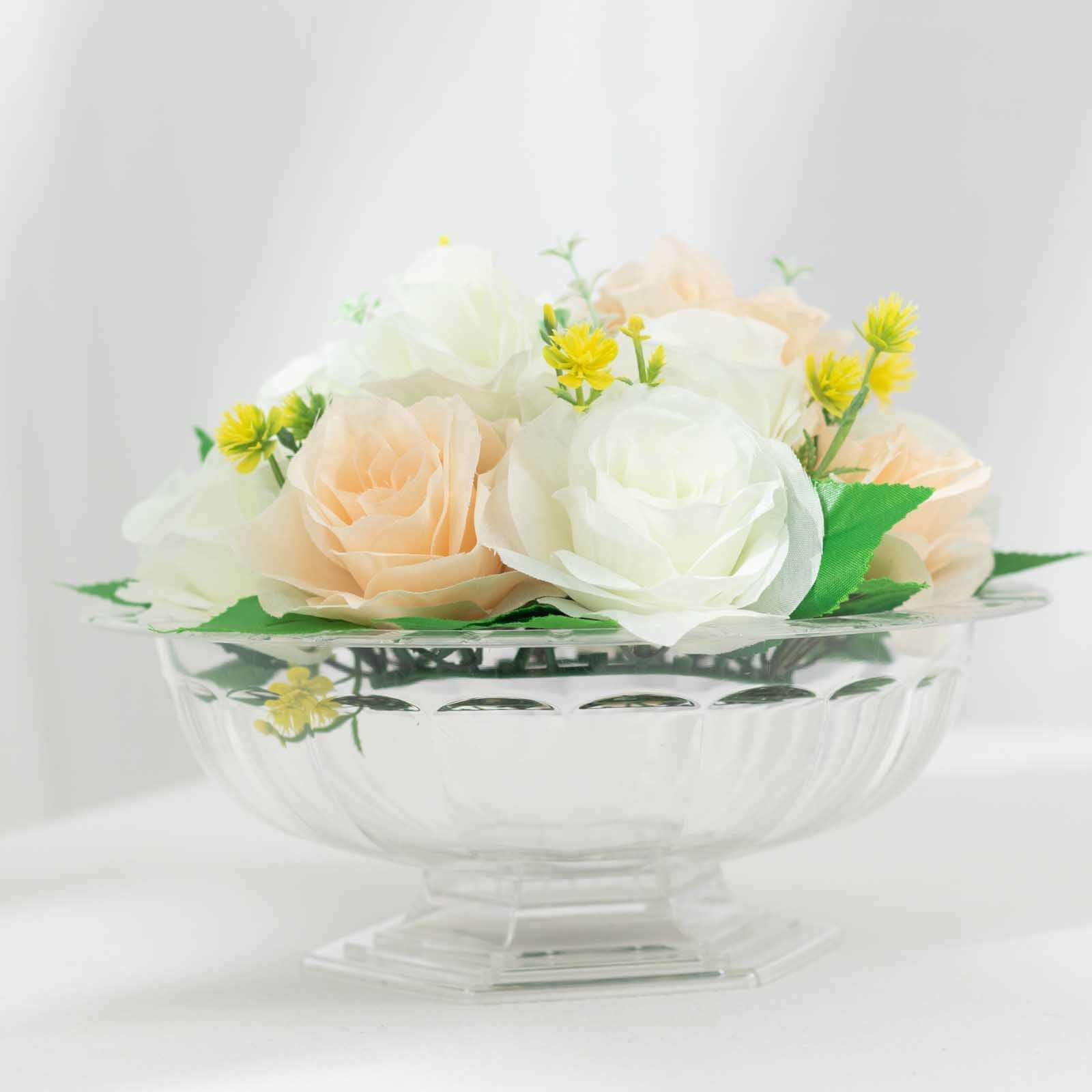 3-Pack Plastic Footed Compote Bowl Flower Vases Roman Style Clear - Round Decorative Pedestal Table Centerpieces 10"