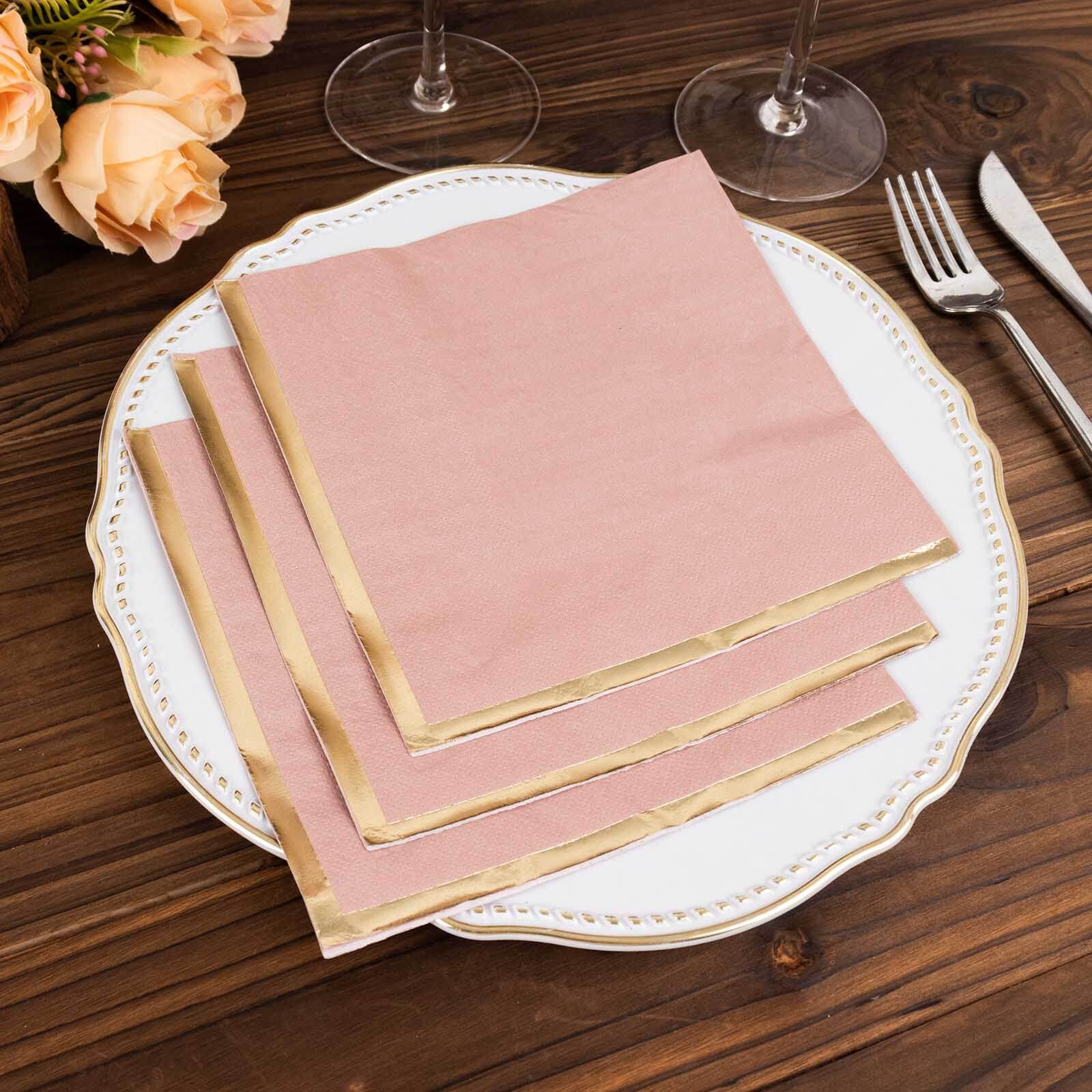 50-Pack Paper Beverage Napkins with Gold Foil Edge Dusty Rose - Disposable 2 Ply Cocktail Napkins for Events 6.5"x6.5"