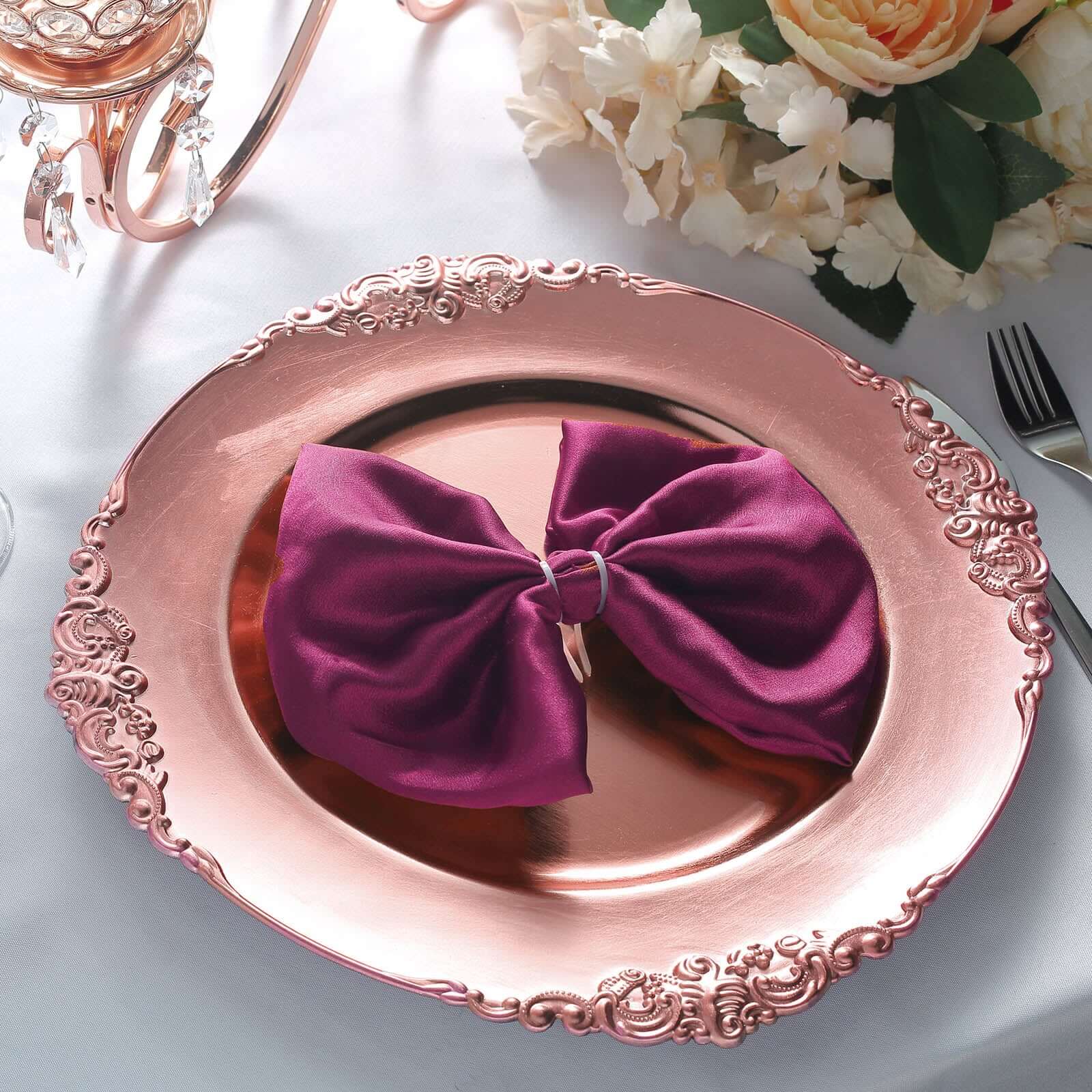 6-Pack Acrylic Round Charger Plates 13" in Rose Gold with Embossed Baroque Rim, Antique Decorative Dinner Party Charger Tableware