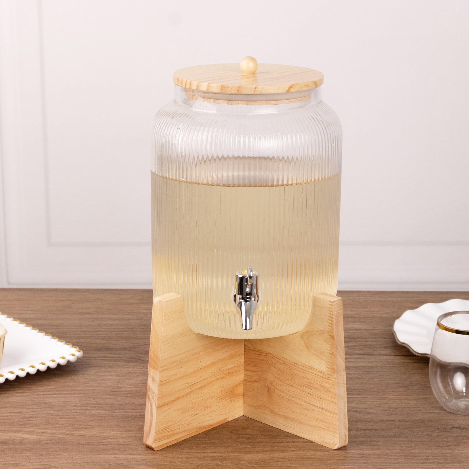1 Gallon Clear Ribbed Glass Beverage Dispenser, Round Juice Jar with Wooden Stand and Lid - Lead-Free Countertop Feature 14"