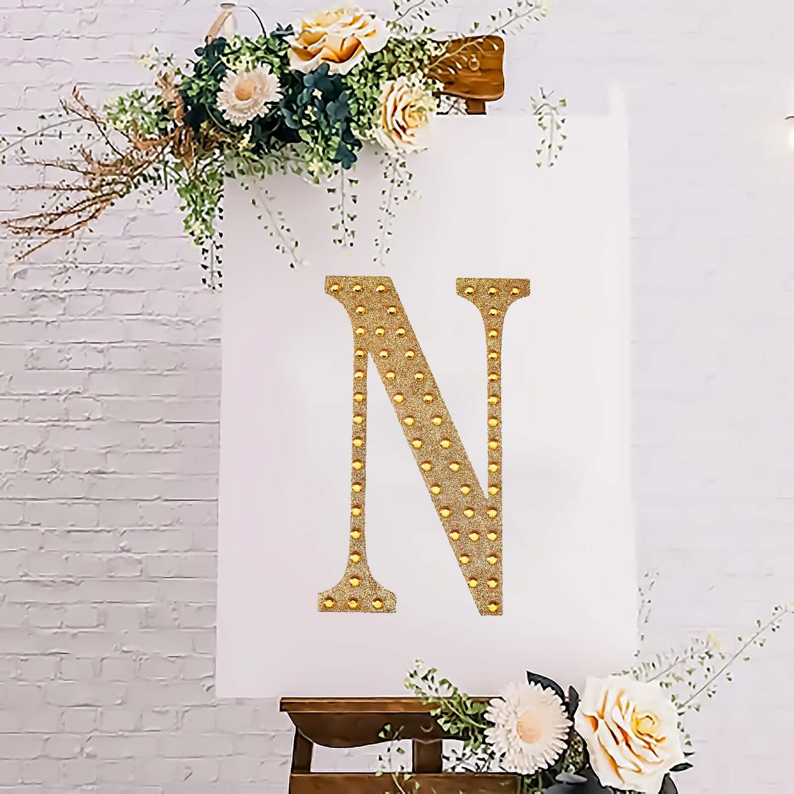 Decorative Rhinestone Alphabet "N" Letter Stickers, Glitter Adhesive Craft Letters Gold DIY Sparkle Embellishments 8"