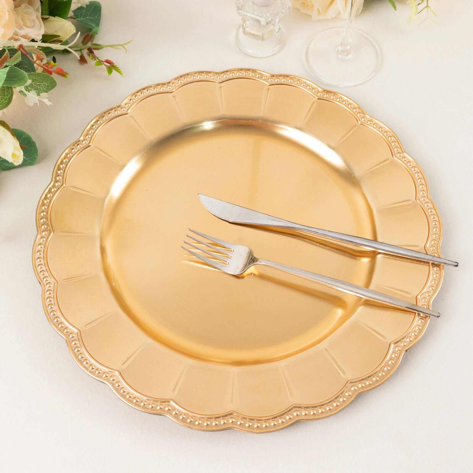 6-Pack Acrylic Round Charger Plates 13" in Metallic Gold with Beaded Sunflower Rim, Plastic Dinner Party Charger Tableware