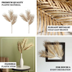 2 Stems Artificial Palm Leaf Branch Metallic Gold - Tropical Faux Stems Vase Filler Floral Backdrop Table Decor 32"