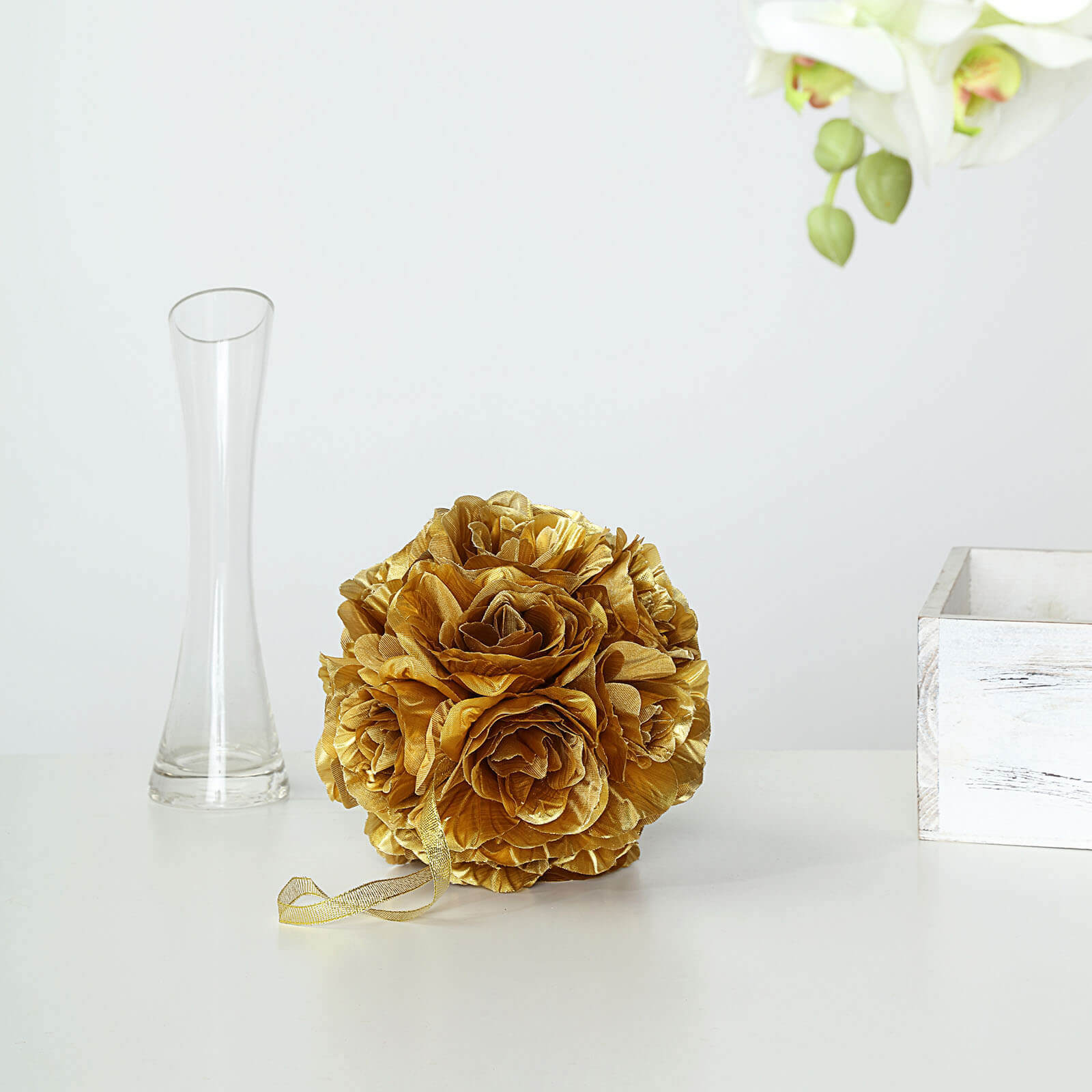 2 Pack 7" Gold Artificial Silk Rose Kissing Ball, Faux Flower Ball