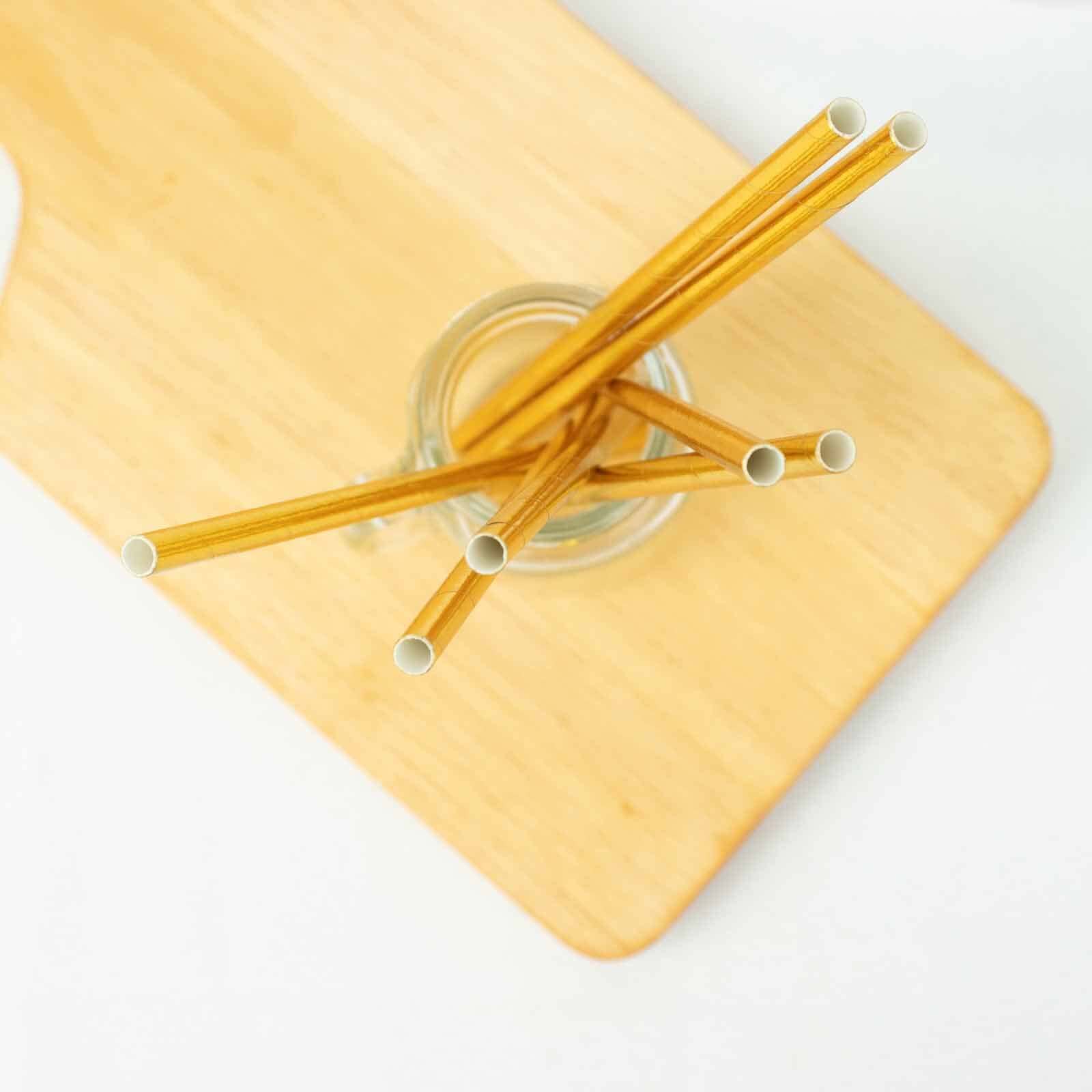 50-Pack Paper Drinking Straws Metallic Gold Foil Food Grade - Disposable Biodegradable Straws for Events 8"