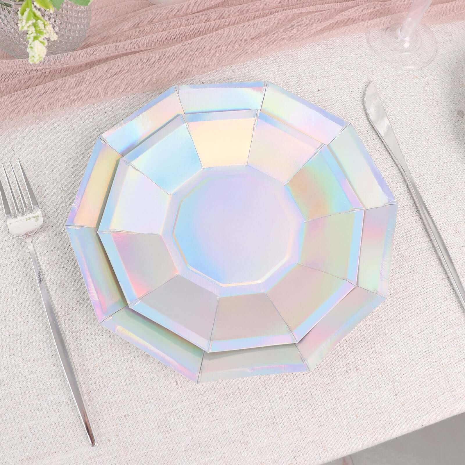 25-Pack Paper 9" Decagon Dinner Plates in Iridescent - Disposable Geometric Party Plates for Disco & Space Themed Events