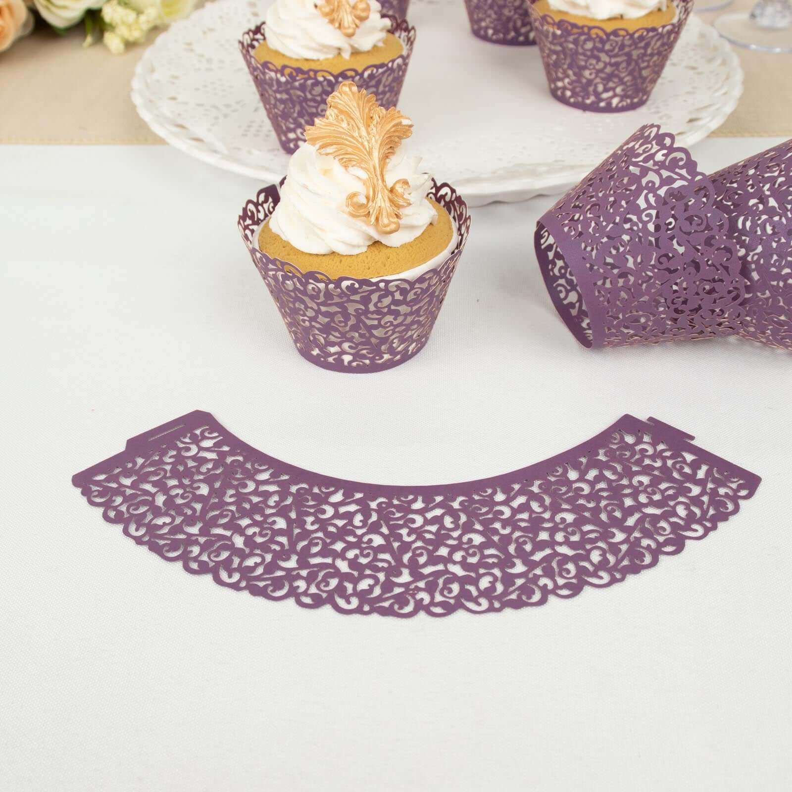 25-Pack Paper Cupcake Wrappers Lace Laser Cut Design Purple - Muffin Baking Cup Trays for Events