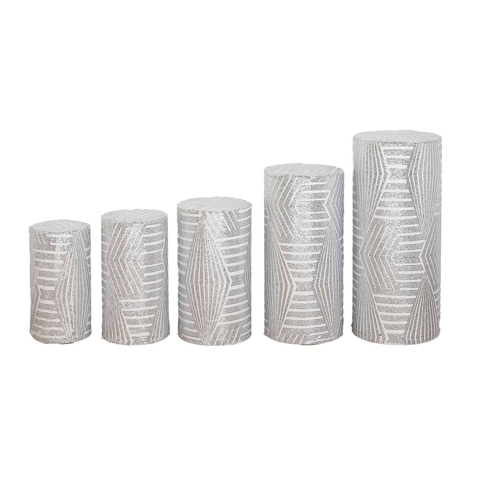 Set of 5 Silver Sequin Mesh Cylinder Pedestal Stand Covers with Geometric Pattern Embroidery, Sparkly Sheer Tulle Pillar Prop Covers