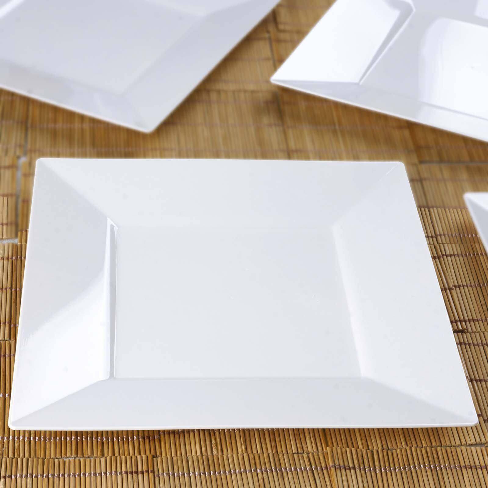 10-Pack Plastic Dinner Plates Glossy White Square with Wide Rim - Sturdy Disposable Party Plates 10"