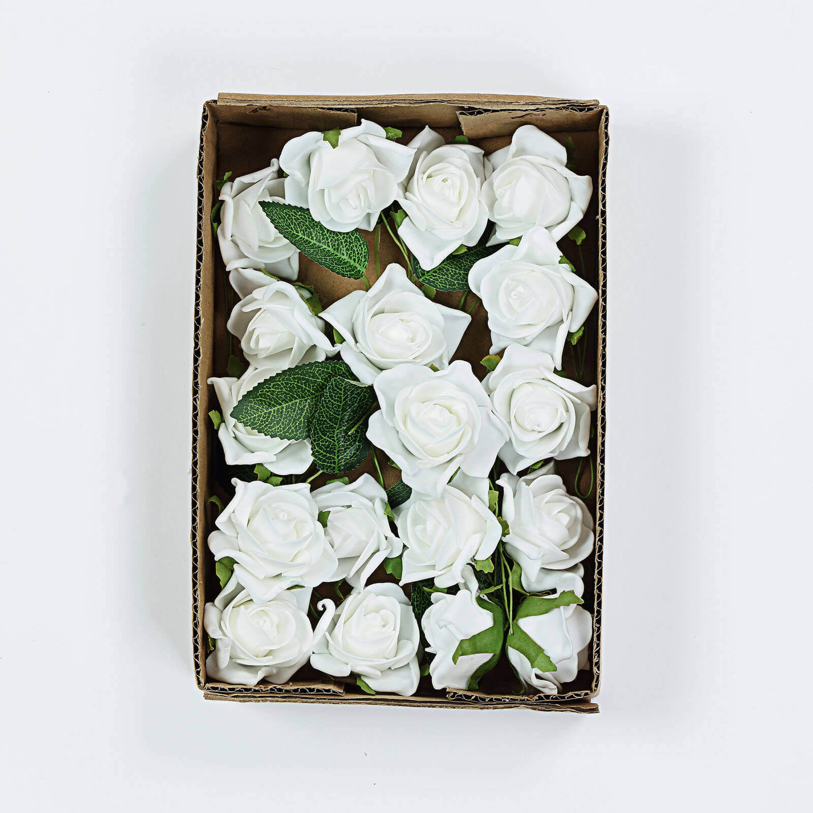 24 Roses 2" White Artificial Foam Flowers With Stem Wire and Leaves