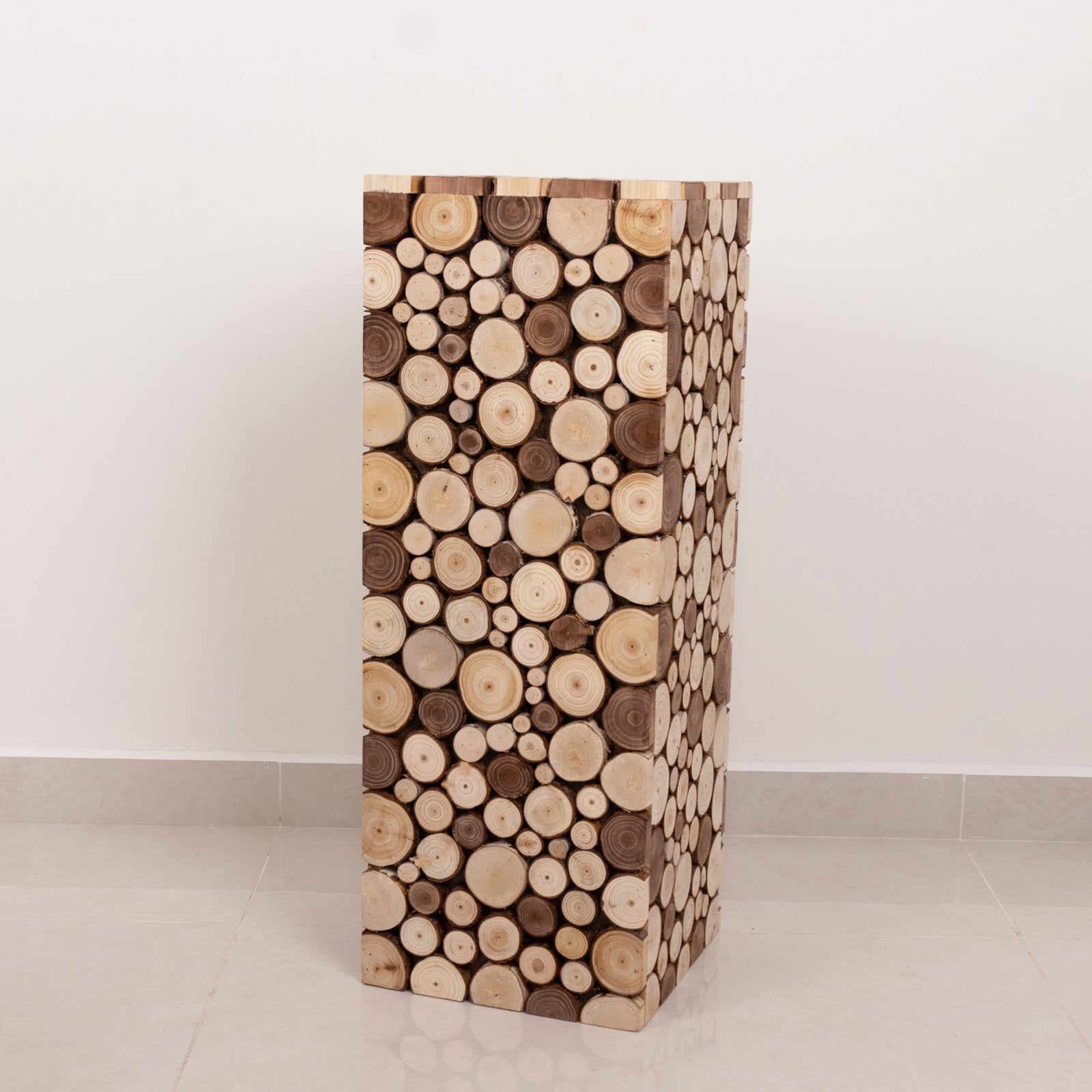 30" Natural Wooden Slices Pillar Prop Pedestal Stand, Rustic Farmhouse Wood Riser Rectangular Plant Stand