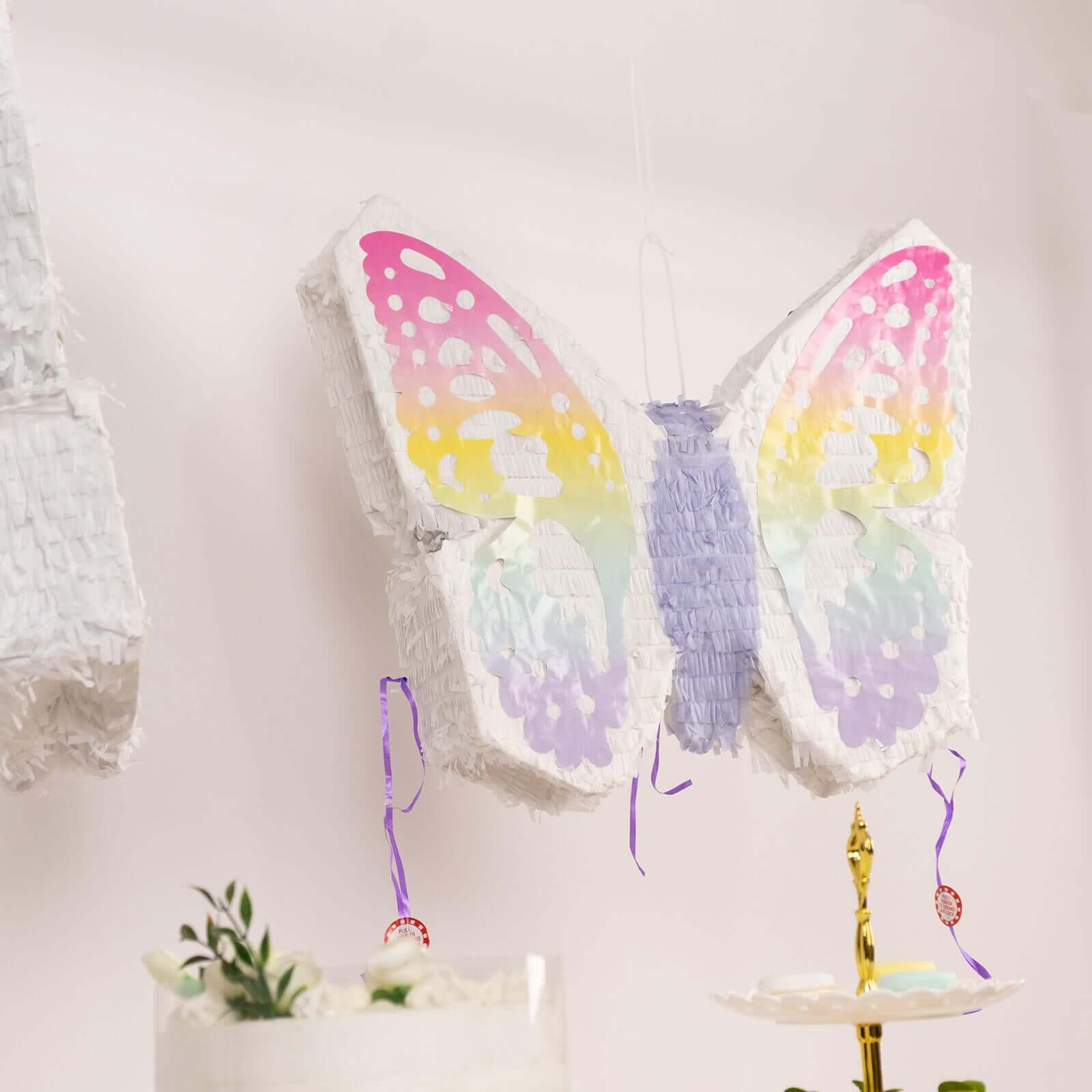 Expandable White Lilac Paper Butterfly Pinata Hanging Decor with Pastel Colored Wings, Fairy Themed Birthday Party Pinata - 23"x19"
