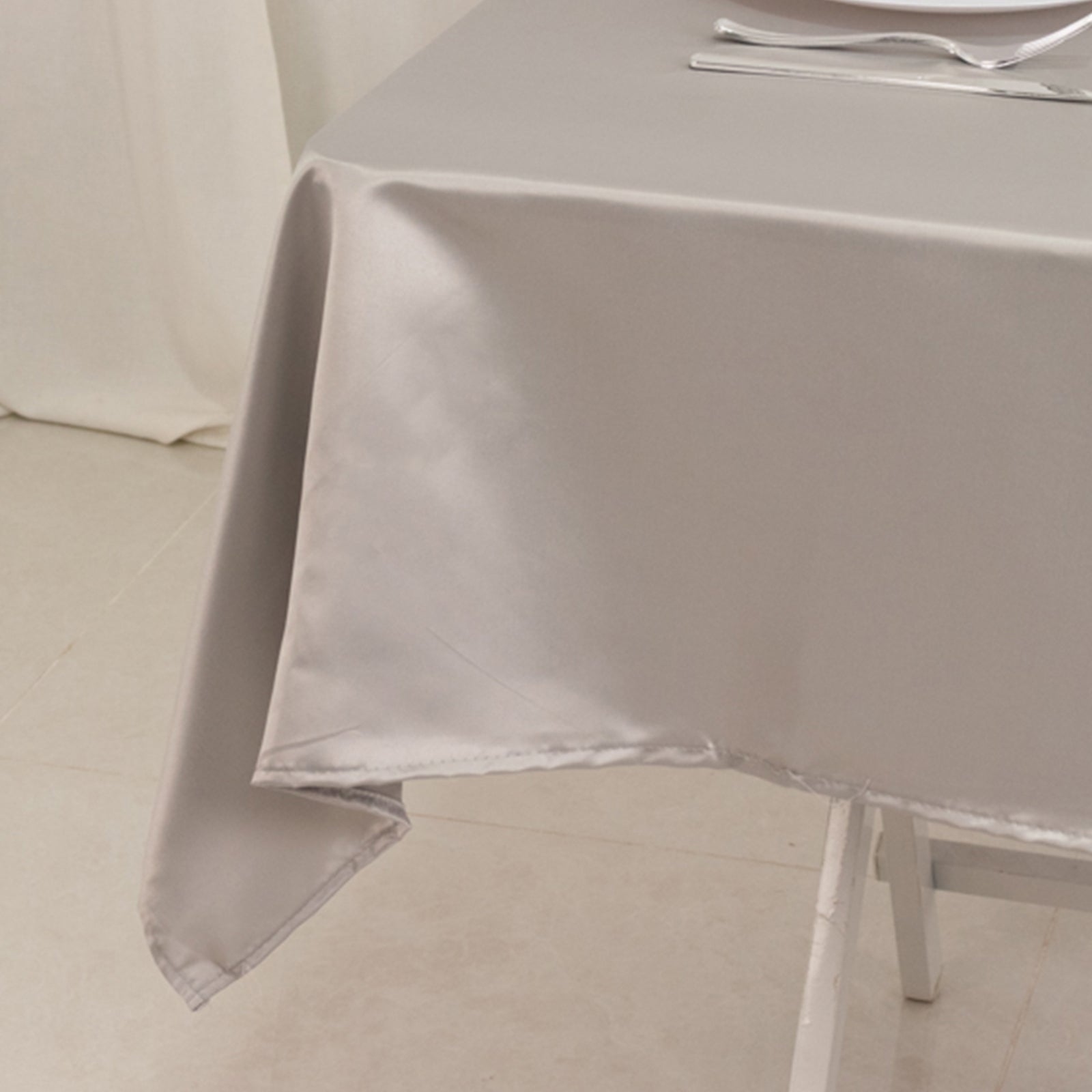 Lamour Satin 54"x54" Table Overlay Square Tablecloth Silver - Durable & Silk-Like Table Cover