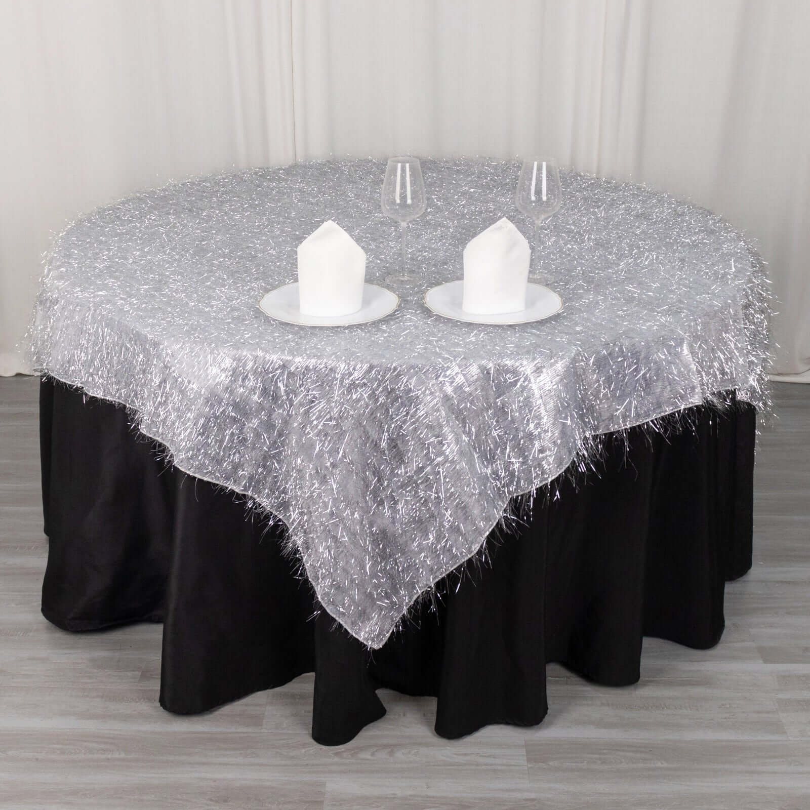 Polyester 72"x72" Table Overlay Square Tablecloth Silver - Metallic Fringe Shag Tinsel Table Cover