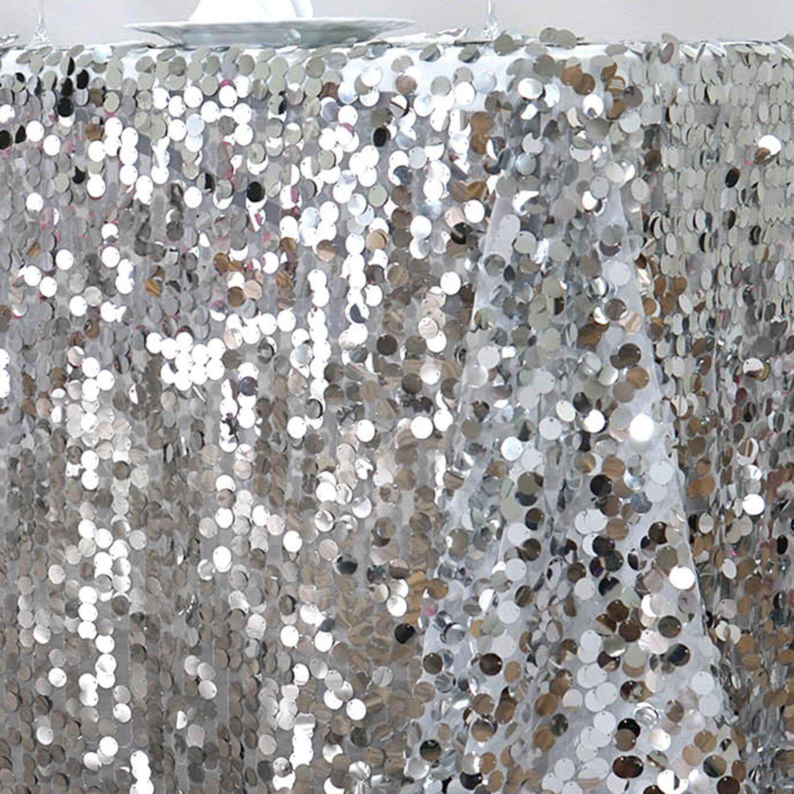 Sequin 90"x132" Rectangle Tablecloth Silver - Seamless Big Payette Table Cover