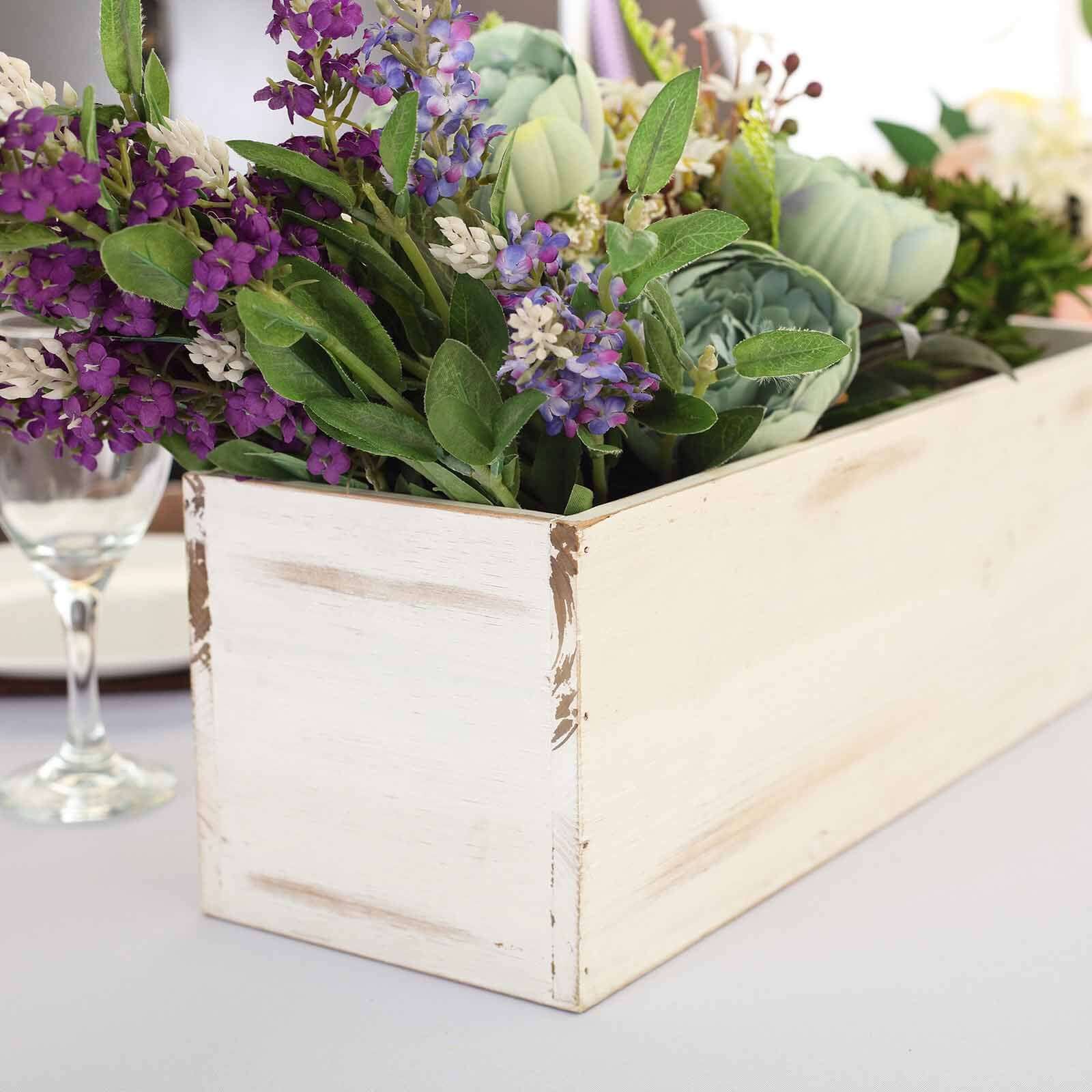 Whitewash Wood Planter Rectangular Box 18"x6"- Durable Decor with Removable Plastic Liner for Table Displays