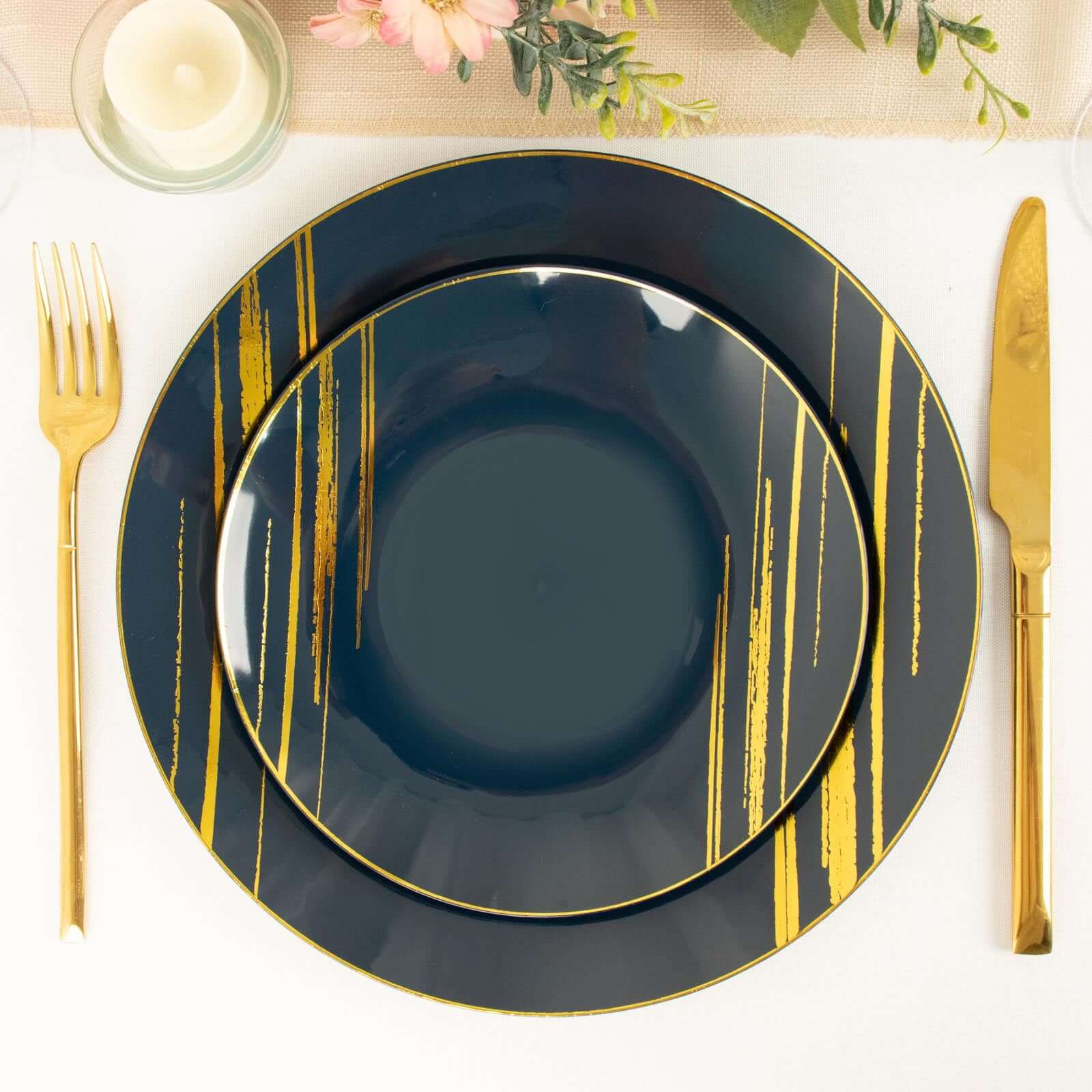 10-Pack Plastic 7" Round Dessert Plates in Navy Blue with Gold Brush Stroked Print - Disposable Appetizer Salad Plates