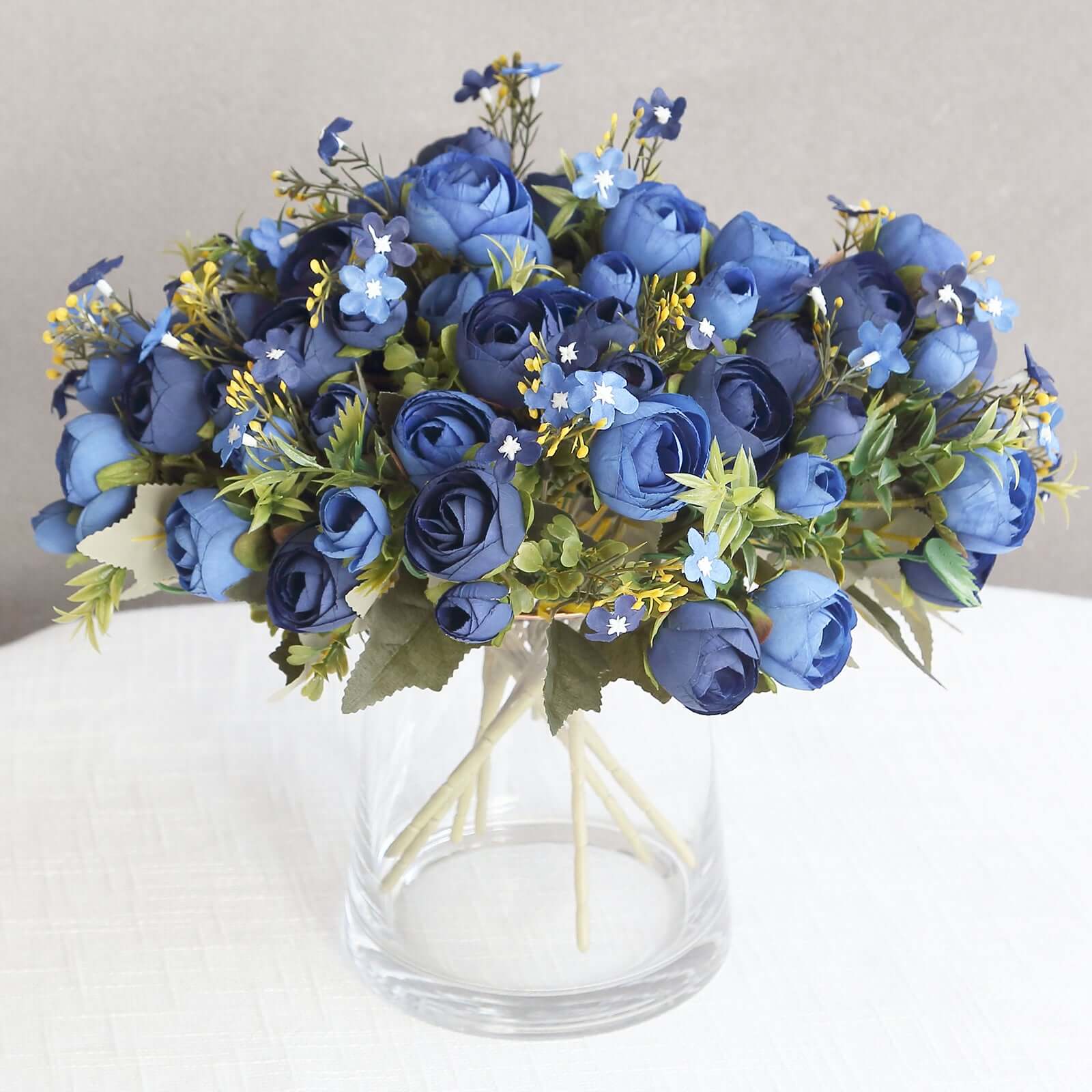 4 Pack 12" Artificial Navy Blue Ranunculus Silk Flower Bridal Bouquets, Faux Buttercup Floral Arrangement