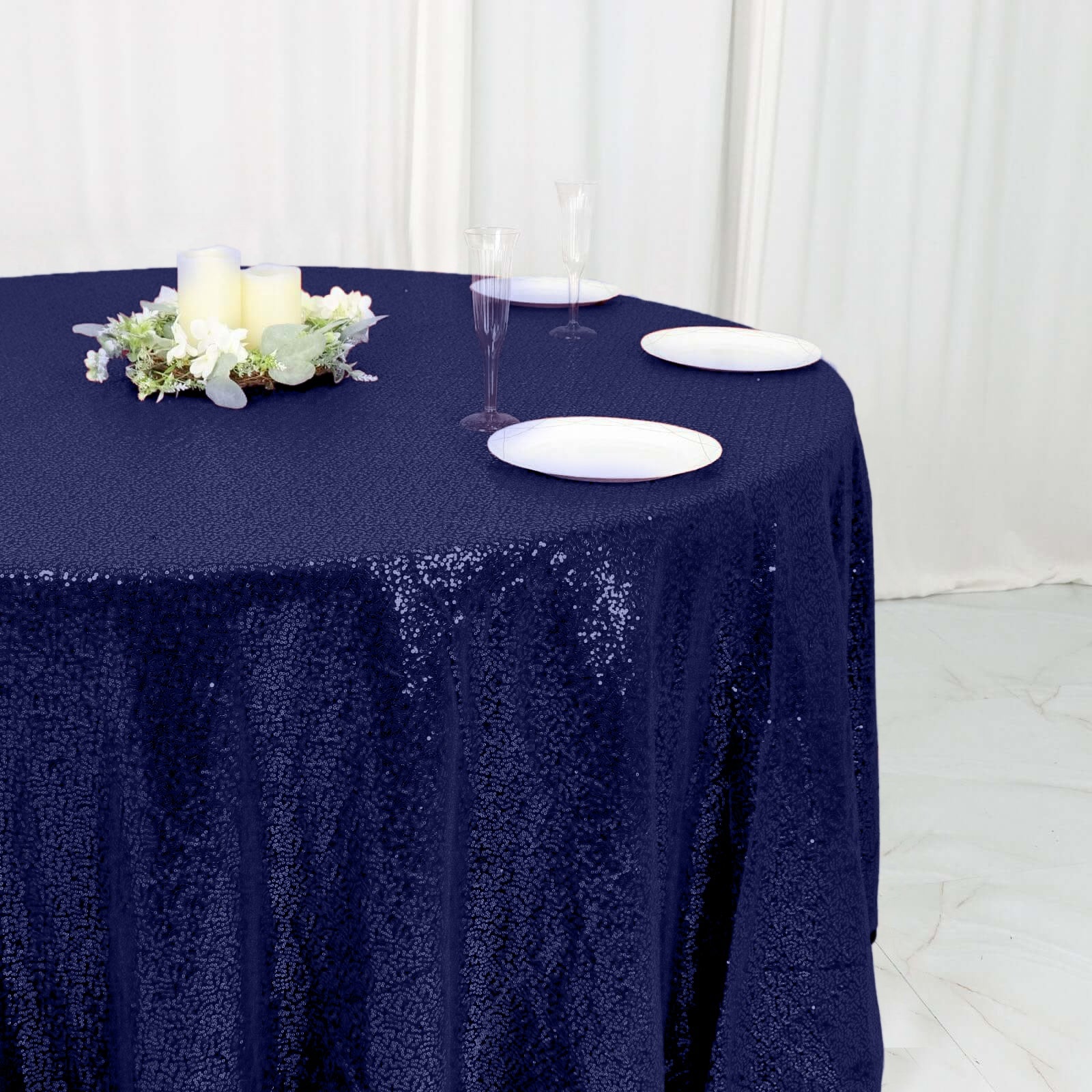 Sequin 120" Round Tablecloth Navy Blue - Seamless Glittering Table Cover